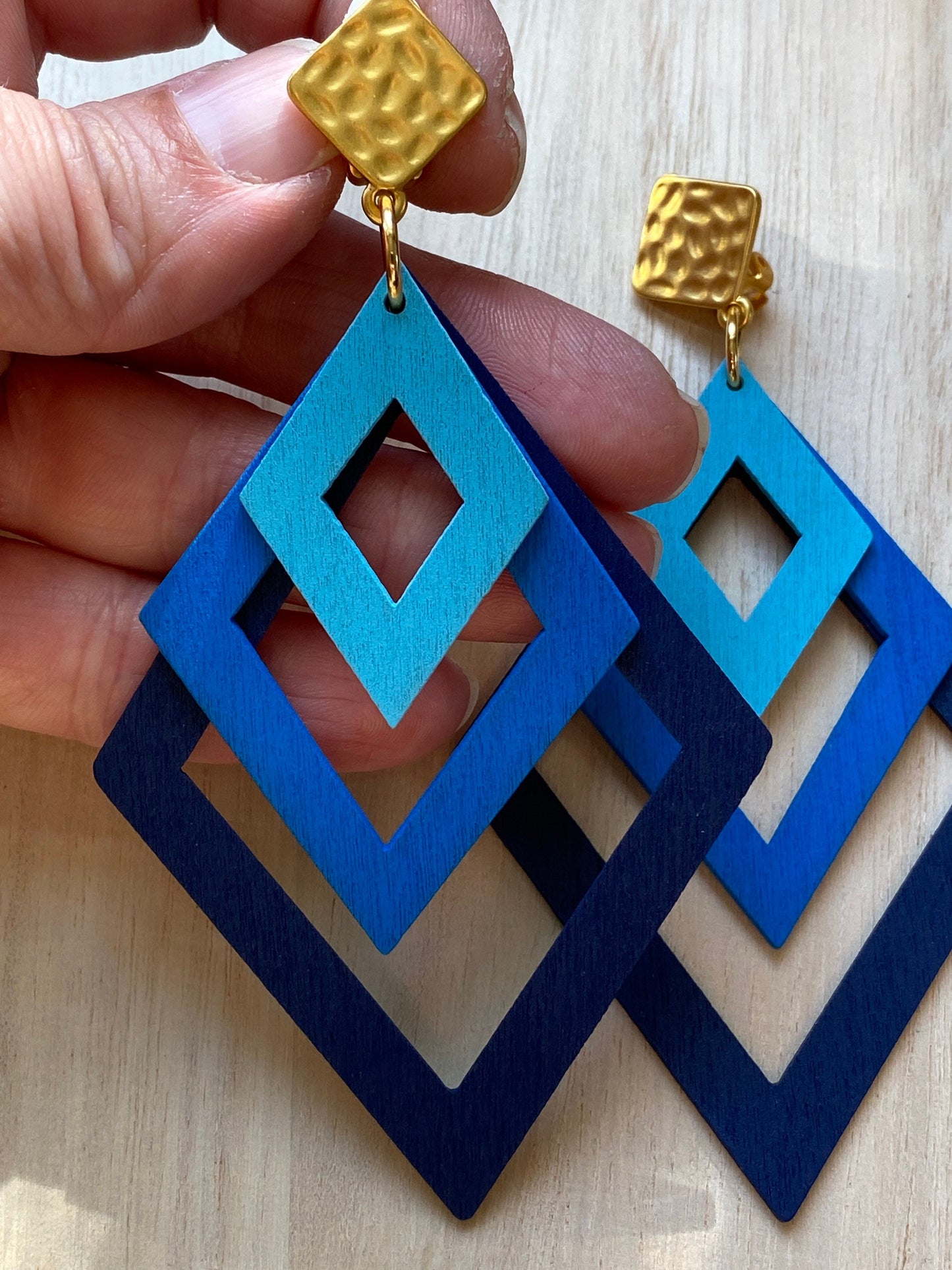 Giant dangling wooden geometric clip on earrings