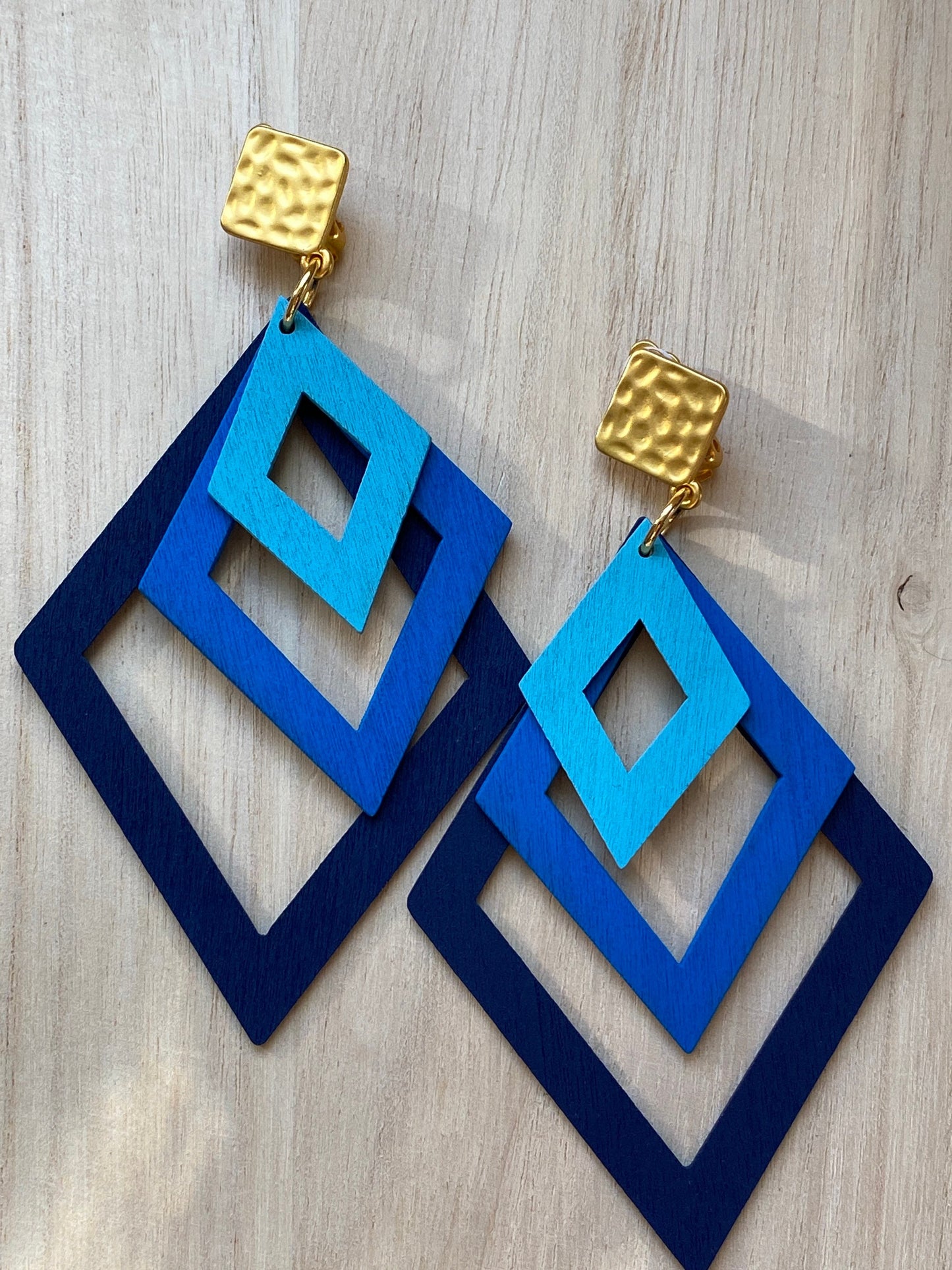 Giant dangling wooden geometric clip on earrings