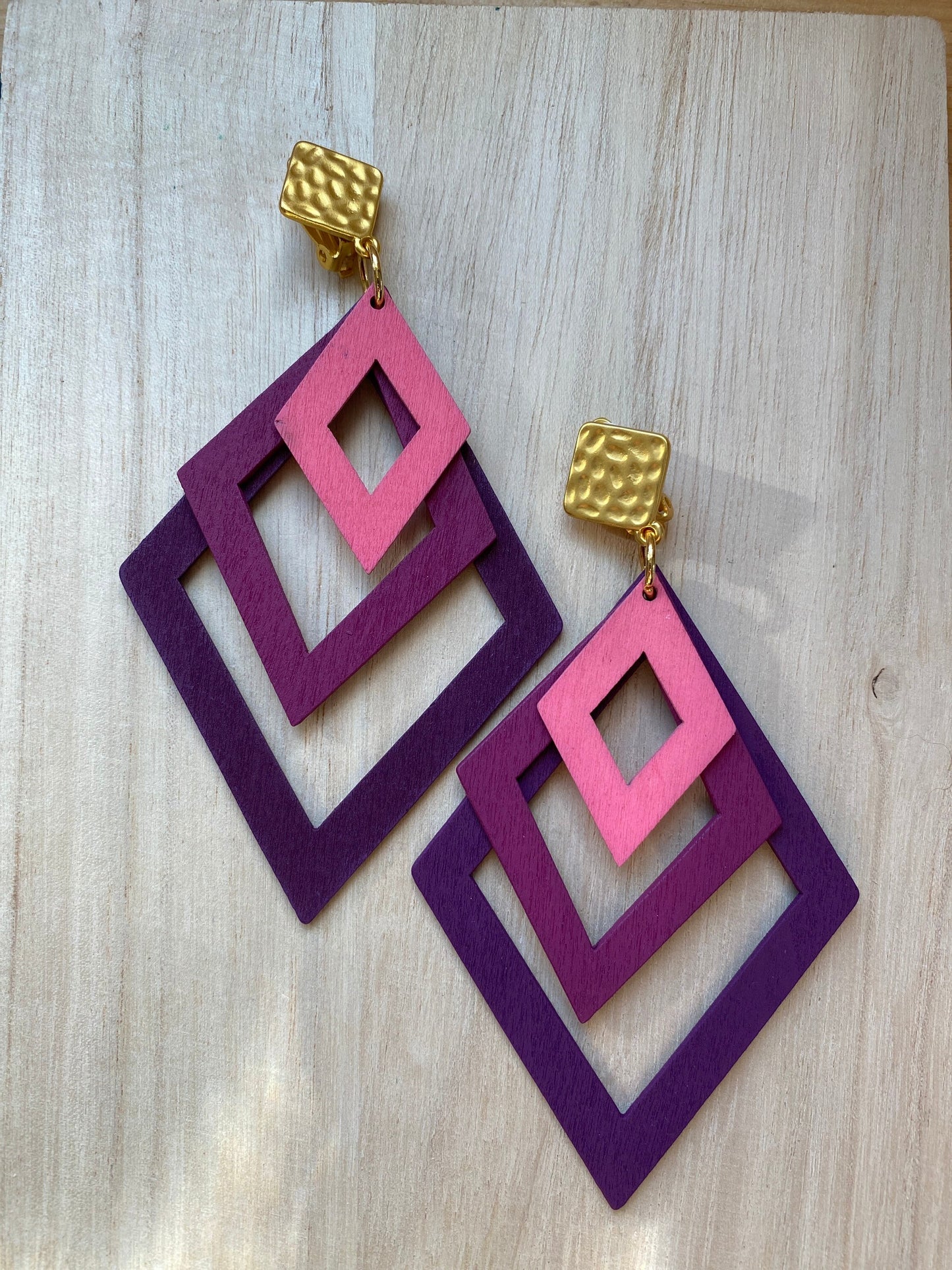 Giant dangling wooden geometric clip on earrings