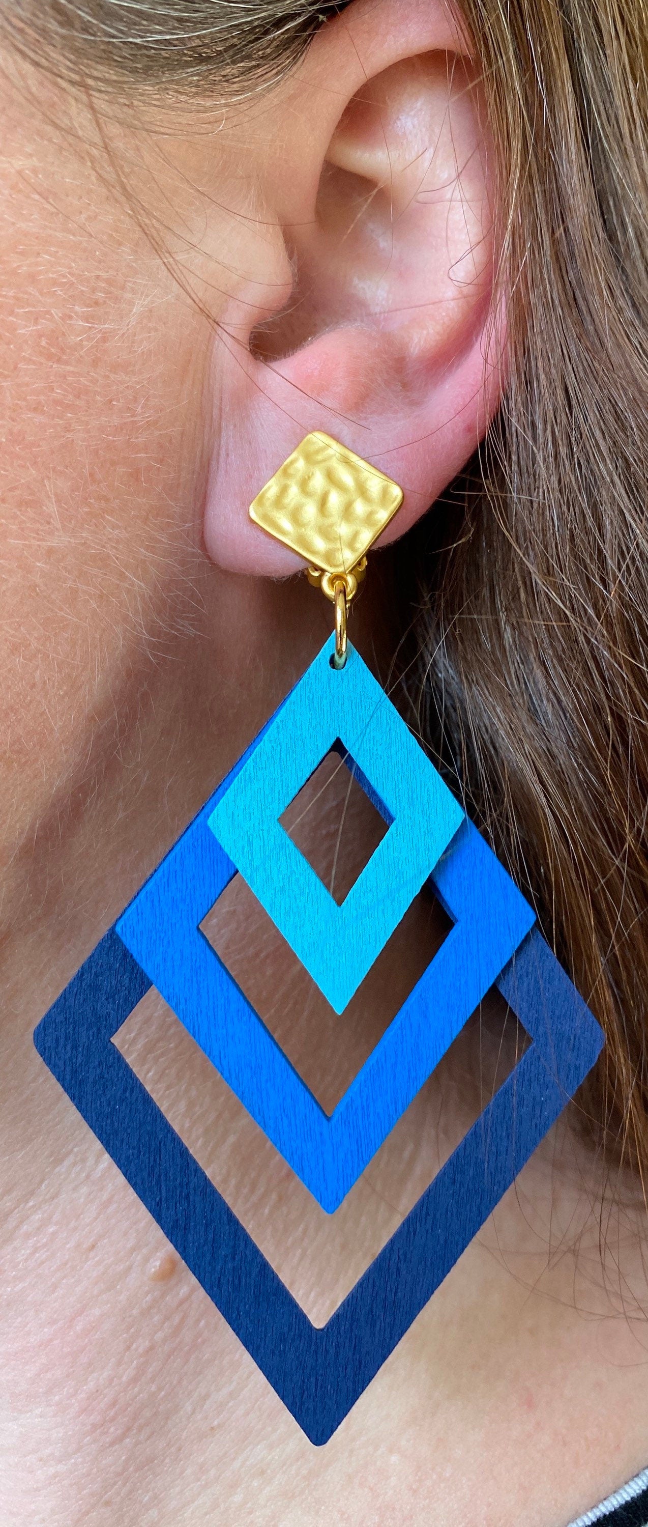 Giant dangling wooden geometric clip on earrings