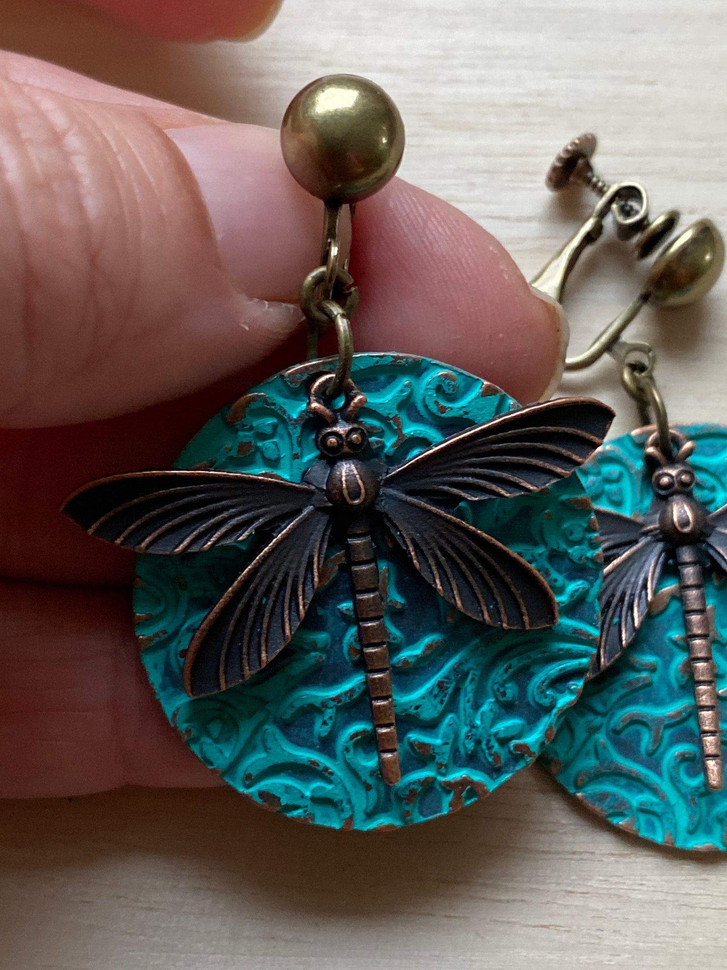 Dangling bronze dragonfly clip on earrings,  hinged screwbackl boho dragonflies