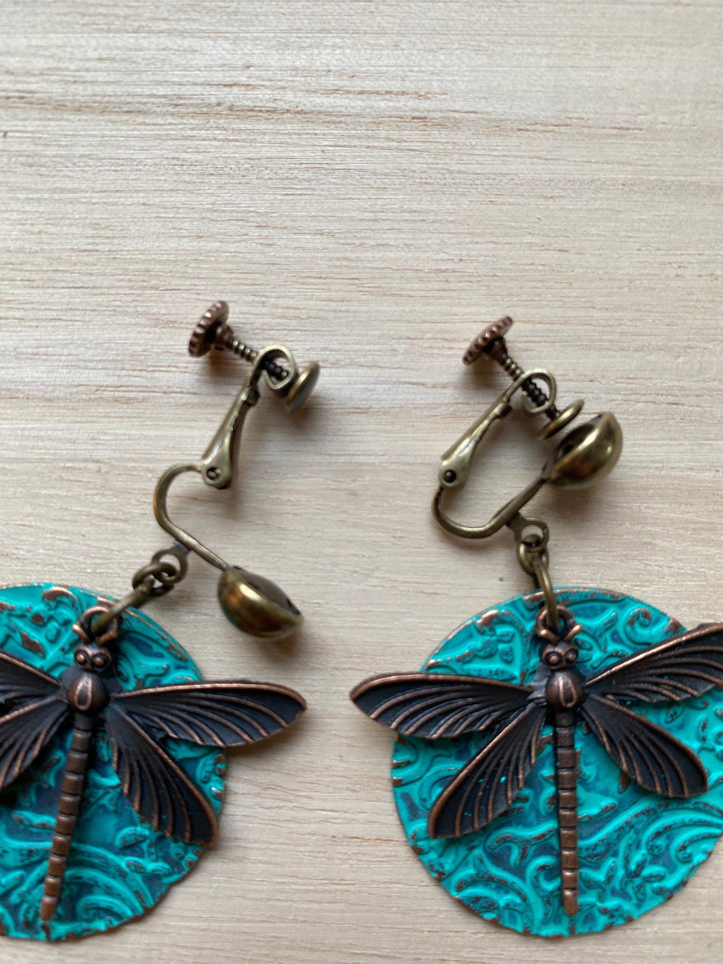 Dangling bronze dragonfly clip on earrings,  hinged screwbackl boho dragonflies