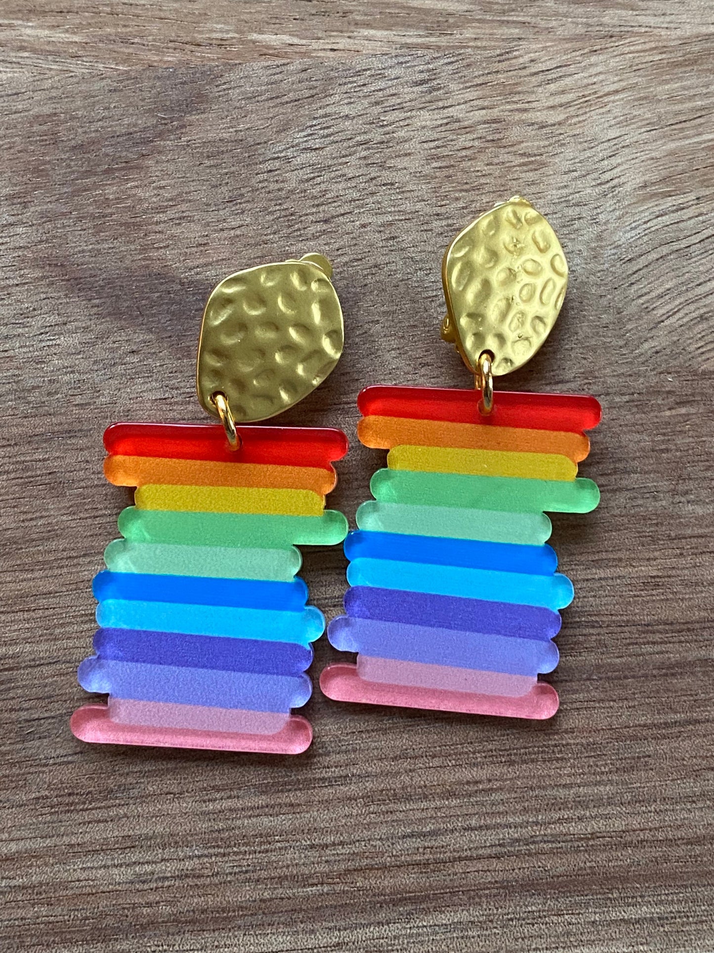 stacked rainbow  Dangling clip on earrings | rainbow earrings | rainbow pride clip on