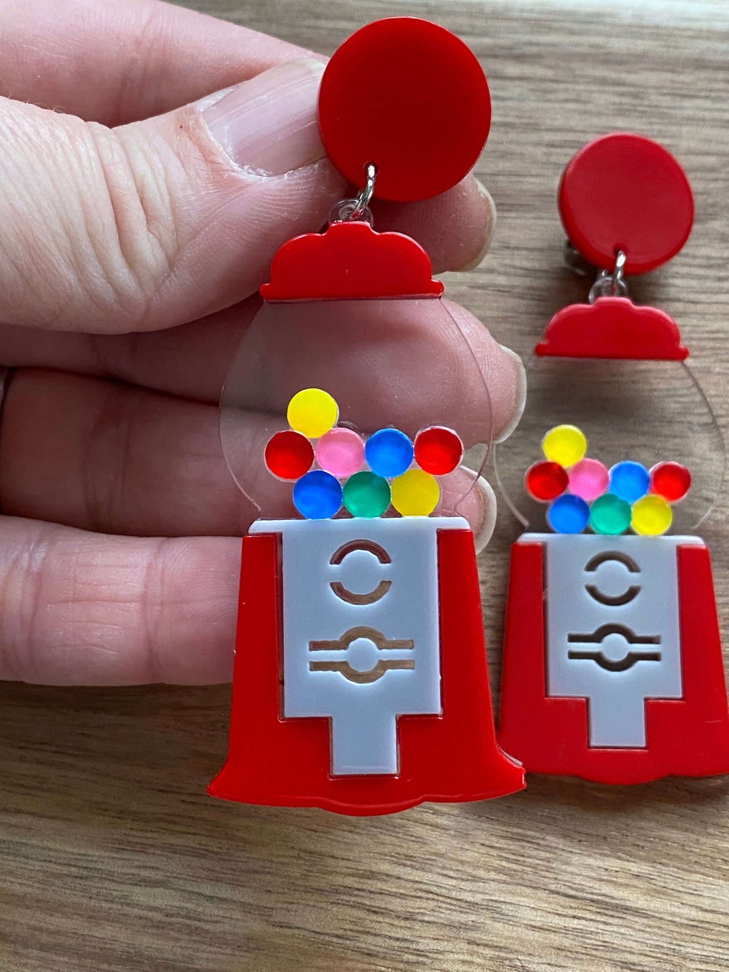 Dangling gumball machine clip on earrings (no piercing, no pierce)