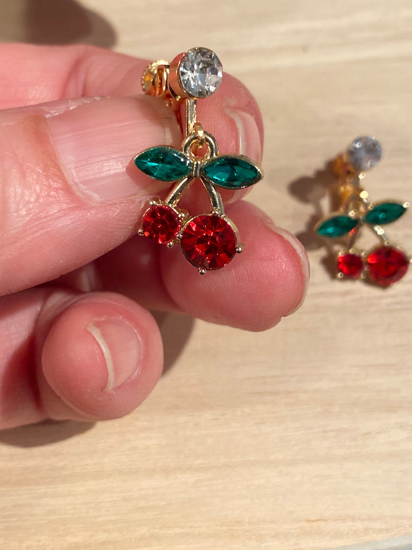 Dangling rhinestone cherry screwback earrings (no piercing | clip on)