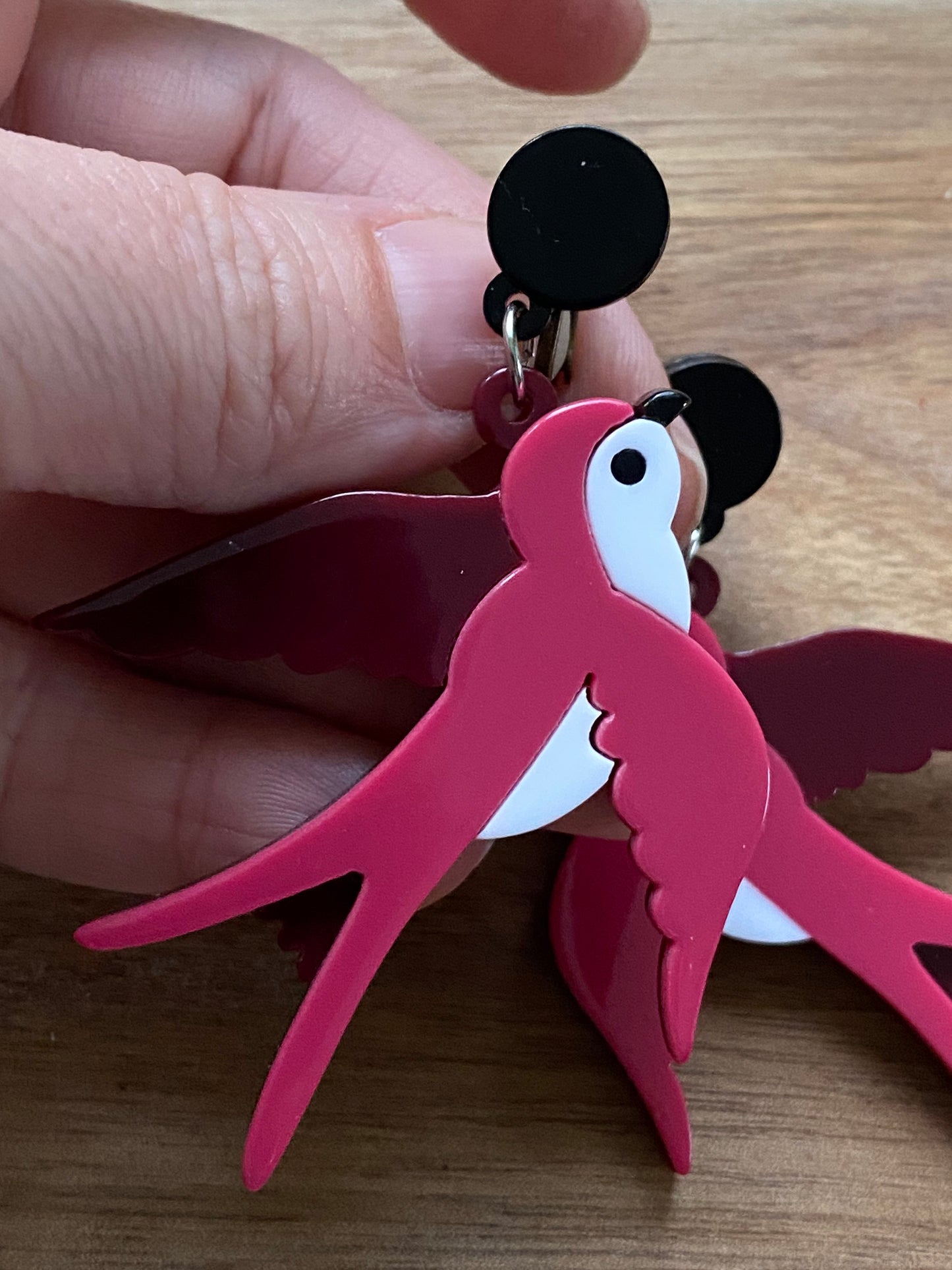 Plastic dangling pink bird clip on earrings, hinged screwback bird earrings