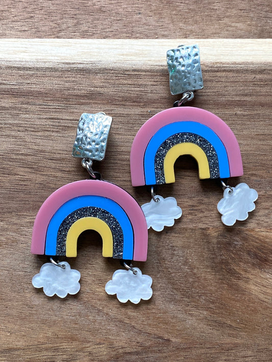 Giant pastel rainbow Dangle  clip on earrings | novelty clip on earrings