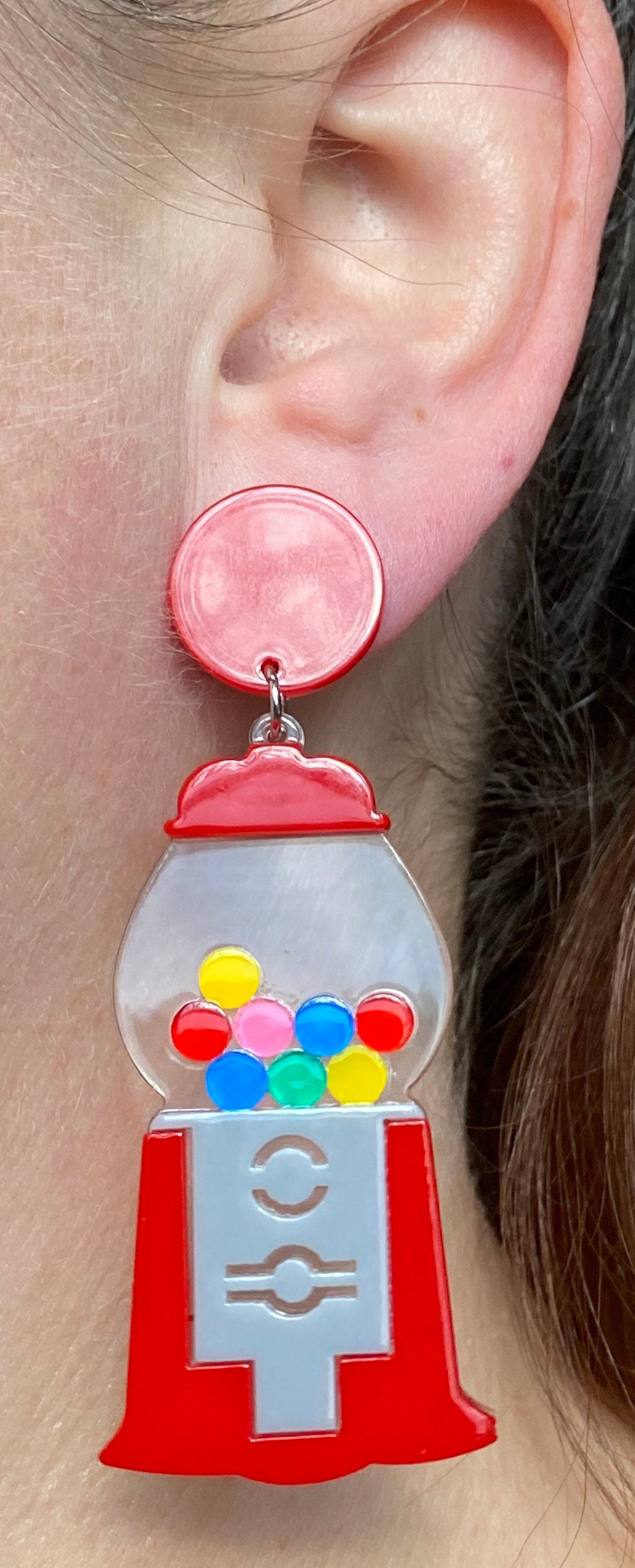 Dangling gumball machine clip on earrings (no piercing, no pierce)