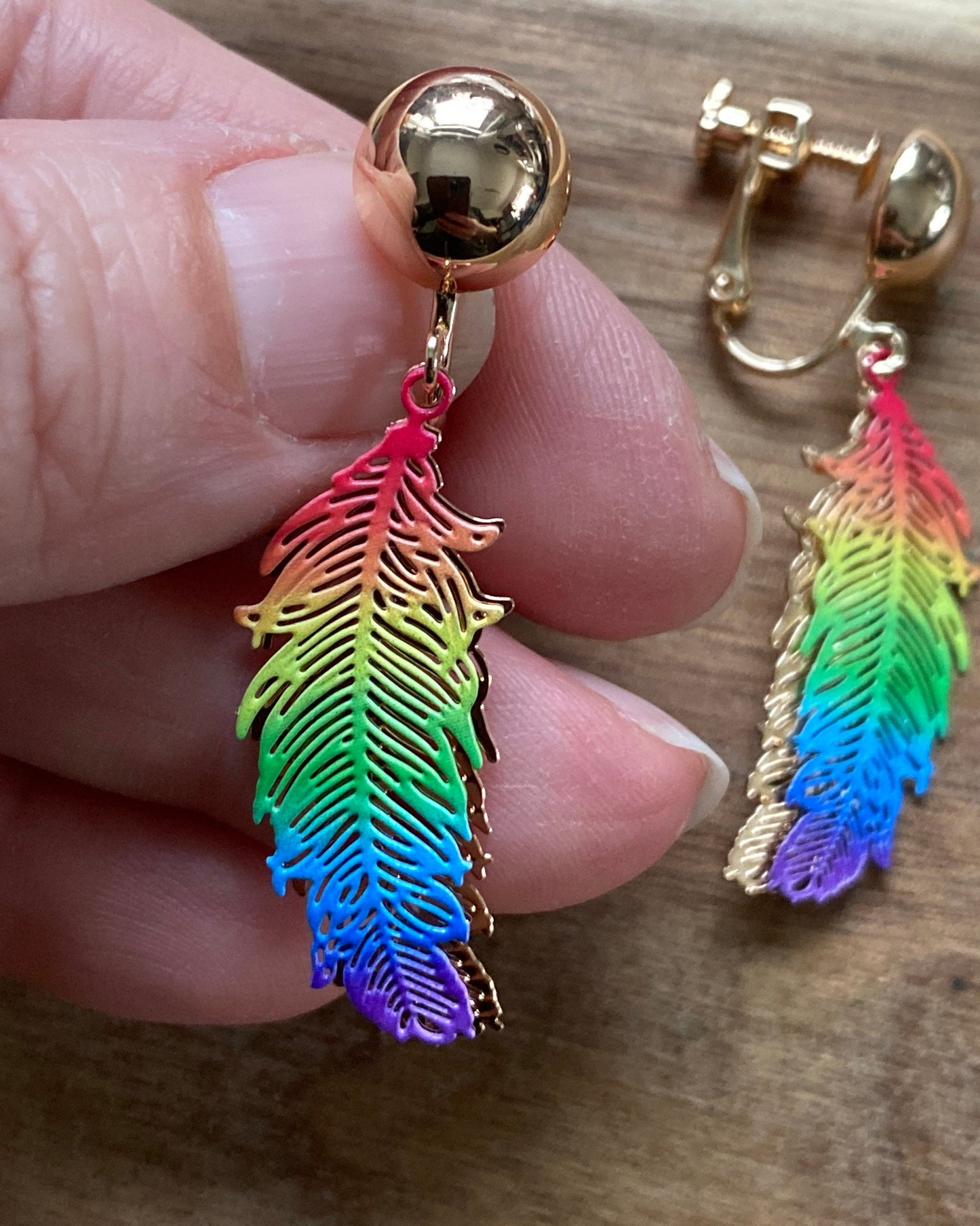 Rainbow clip on feather earrings, clip on filigree rainbow feathers, screwback earrings