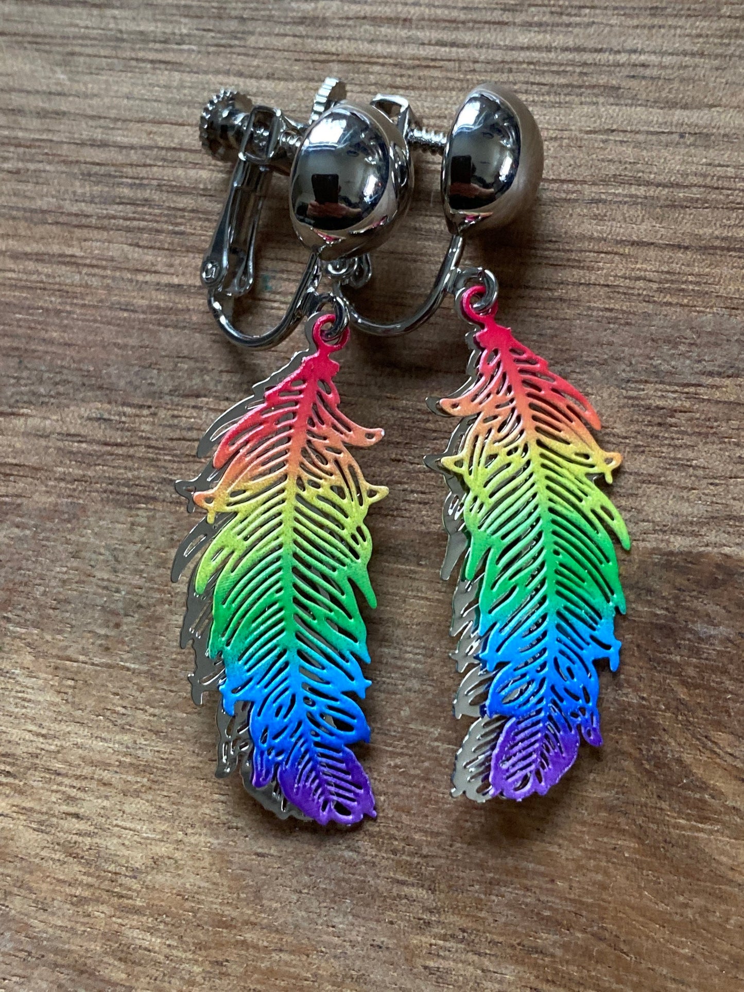 Rainbow clip on feather earrings, clip on filigree rainbow feathers, screwback earrings