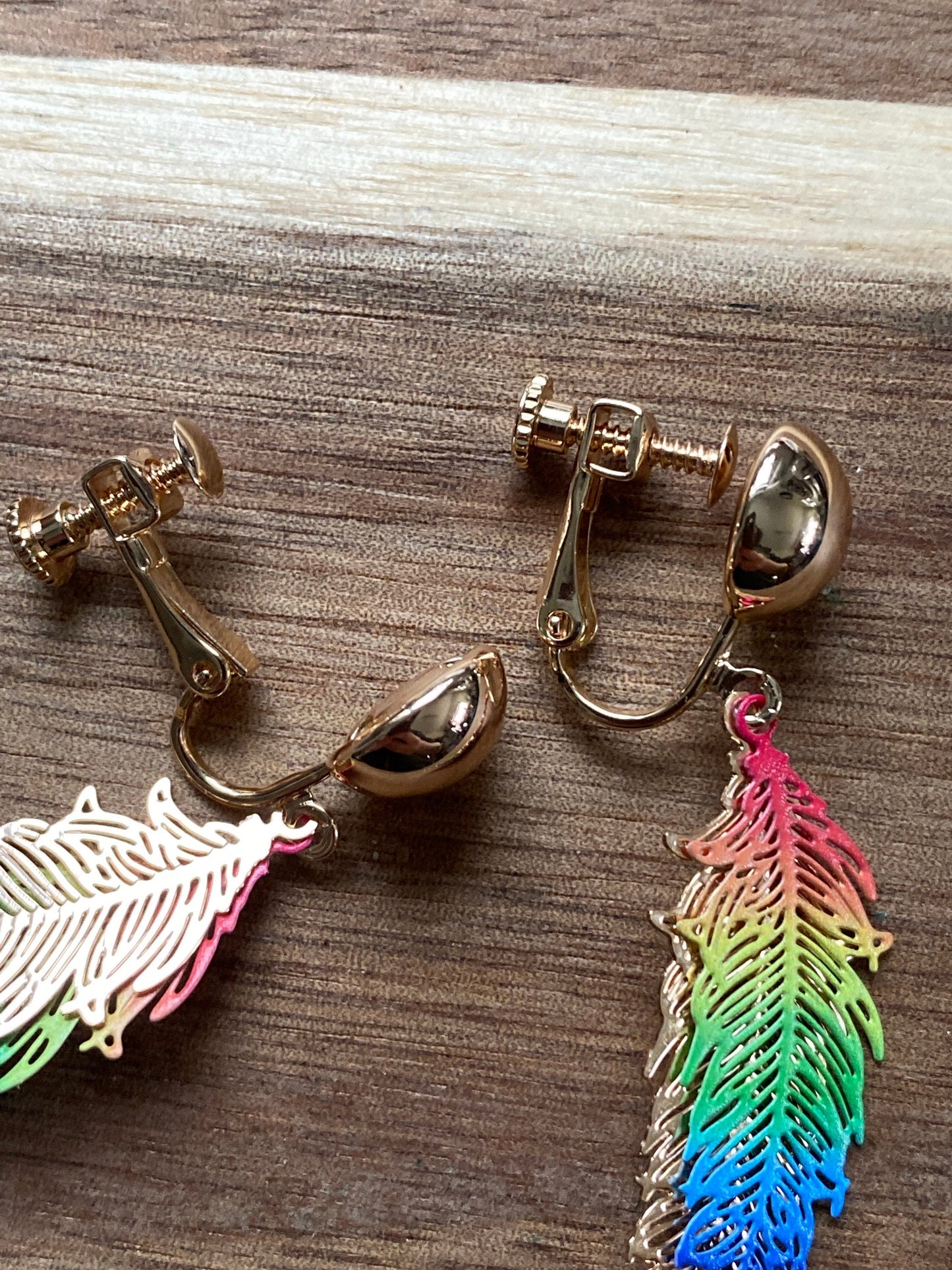 Rainbow clip on feather earrings, clip on filigree rainbow feathers, screwback earrings