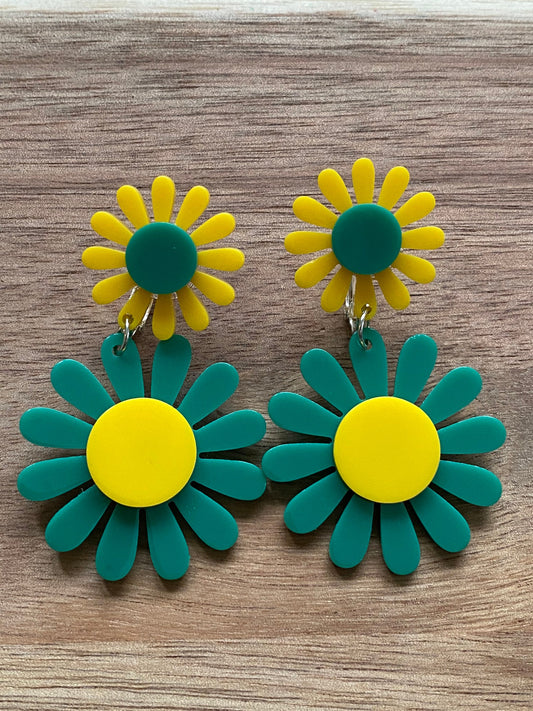 dangling green and yellow clip on daisy earrings