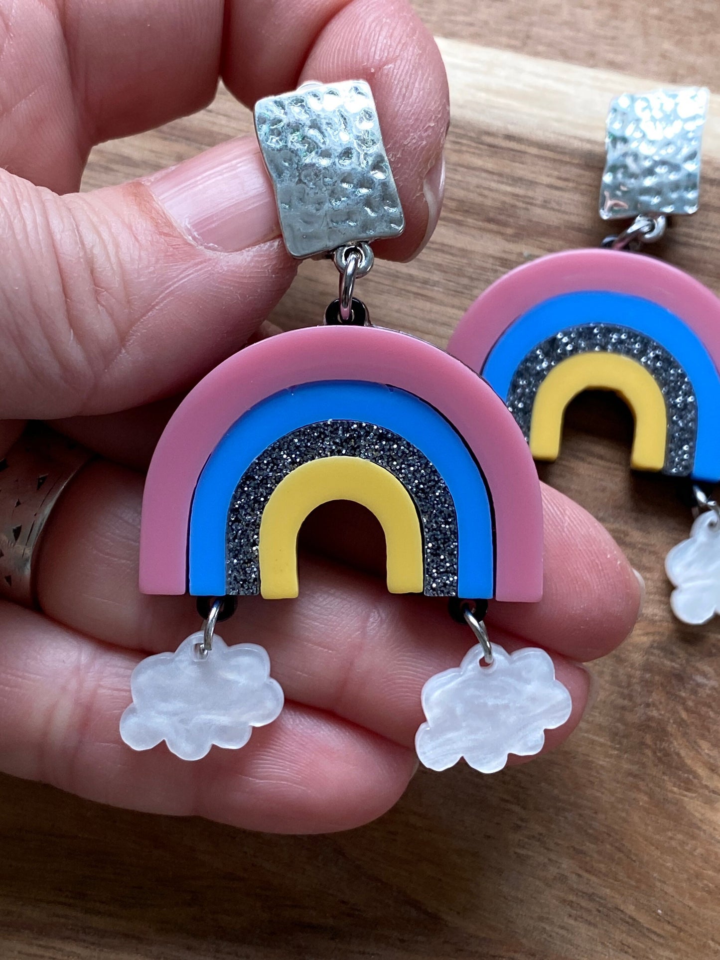 Giant pastel rainbow Dangle  clip on earrings | novelty clip on earrings