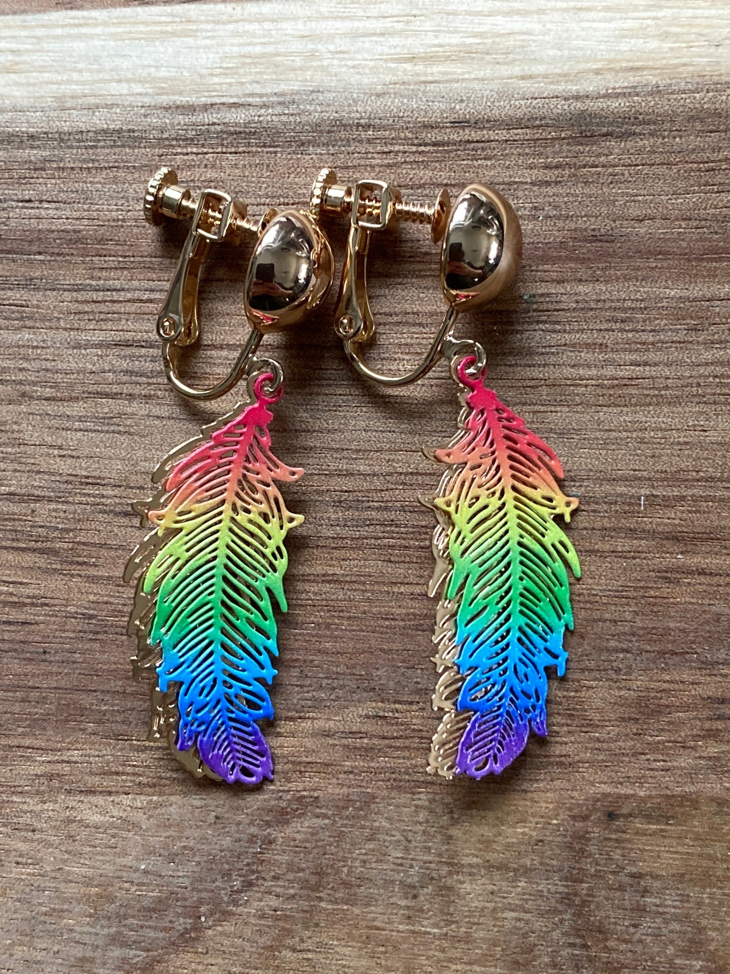 Rainbow clip on feather earrings, clip on filigree rainbow feathers, screwback earrings