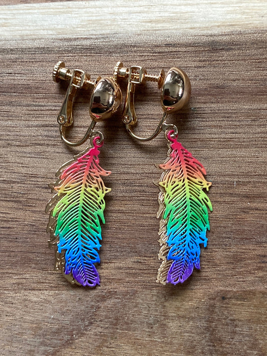 Rainbow clip on feather earrings, clip on filigree rainbow feathers, screwback earrings