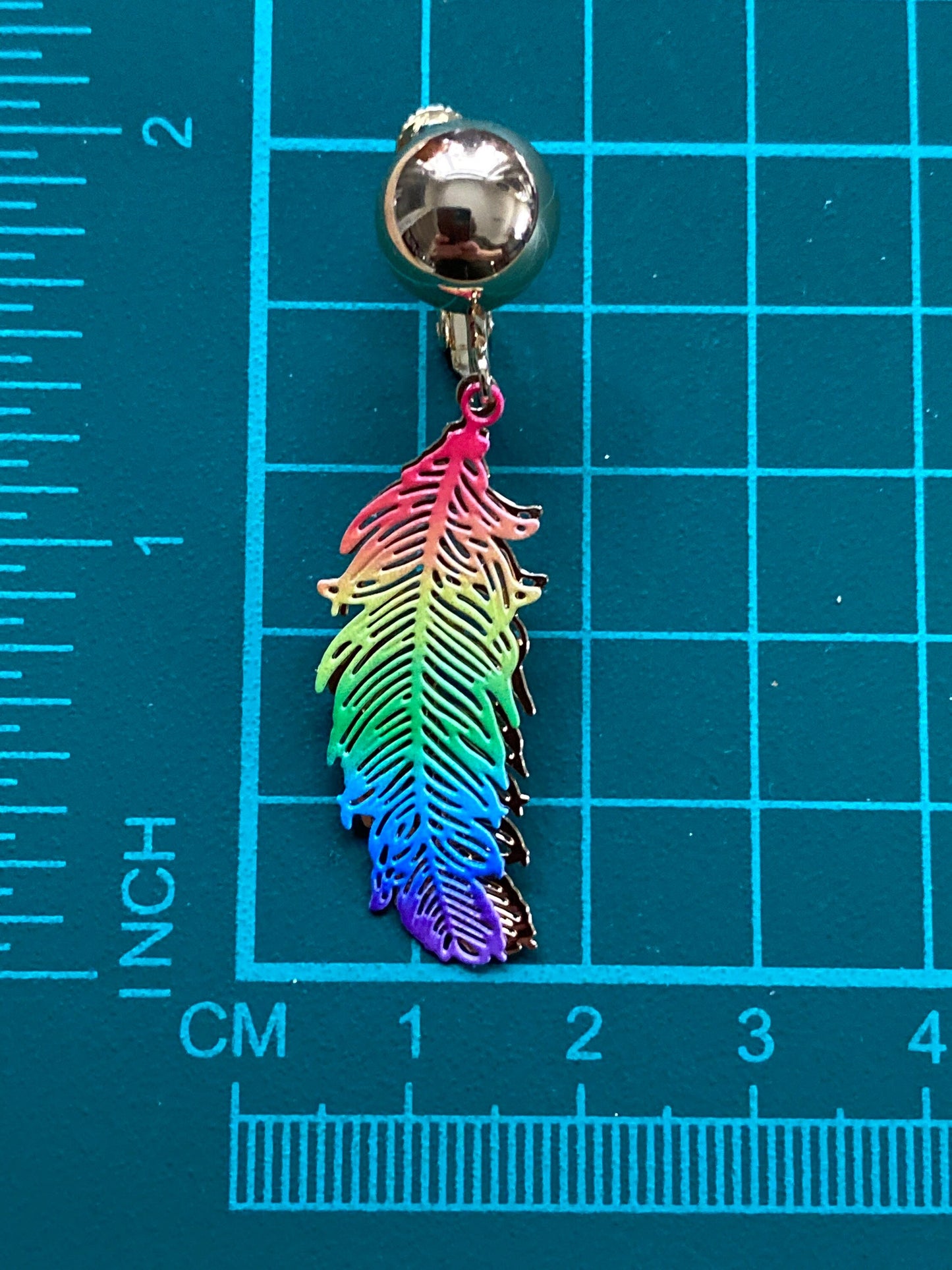 Rainbow clip on feather earrings, clip on filigree rainbow feathers, screwback earrings