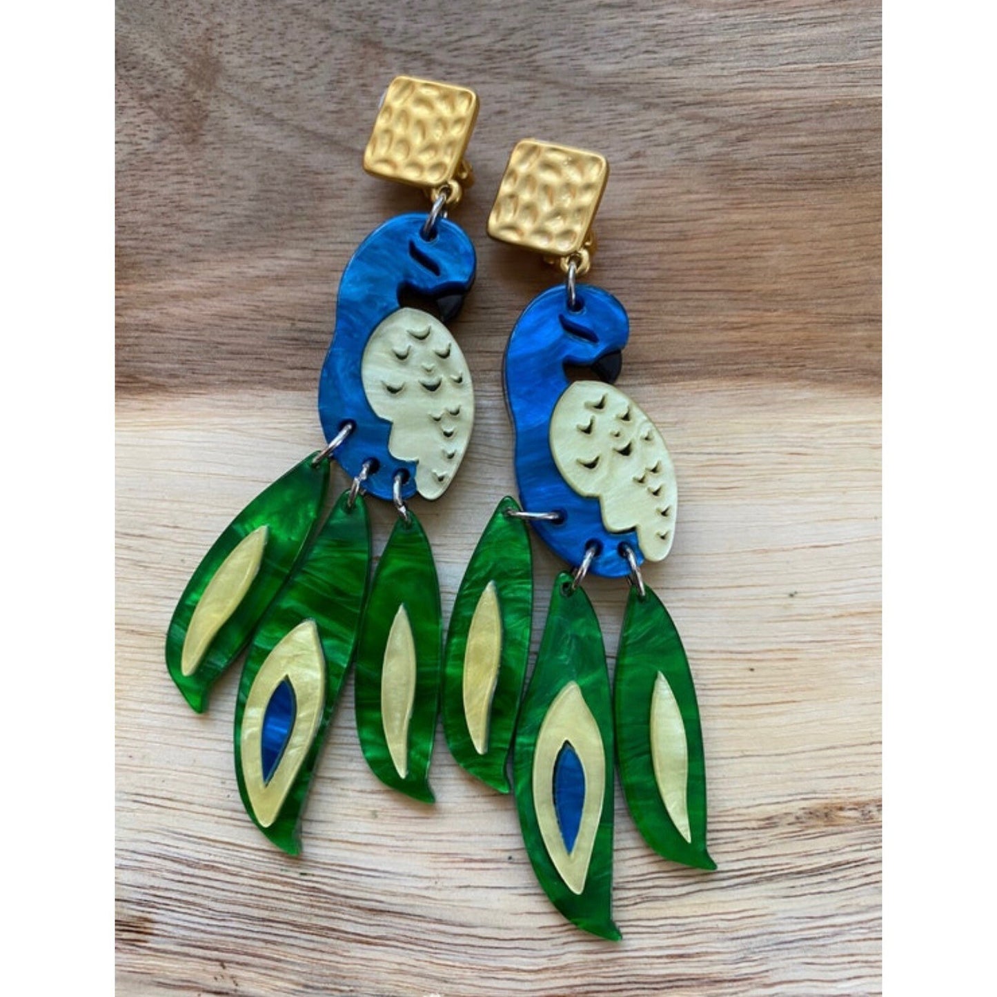 Large clip on peacock earrings