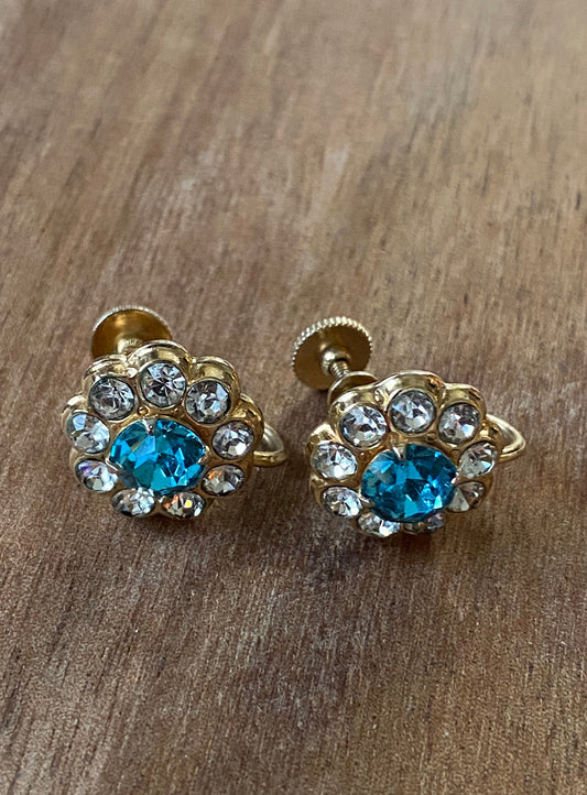 Turquoise and clear rhinestone clip on earrings