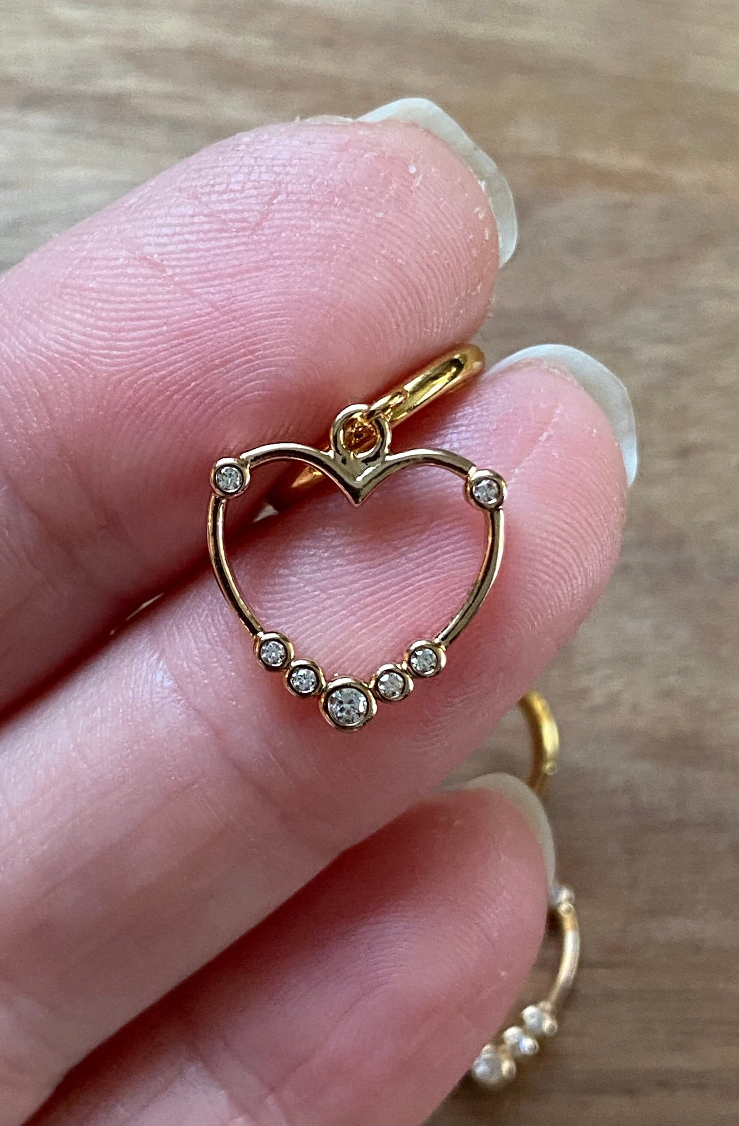 Tiniest Wire heart pendant clip on earrings with rhinestone accents (spring hoop)| tiny rhinestone heart earrings for unpierced ears