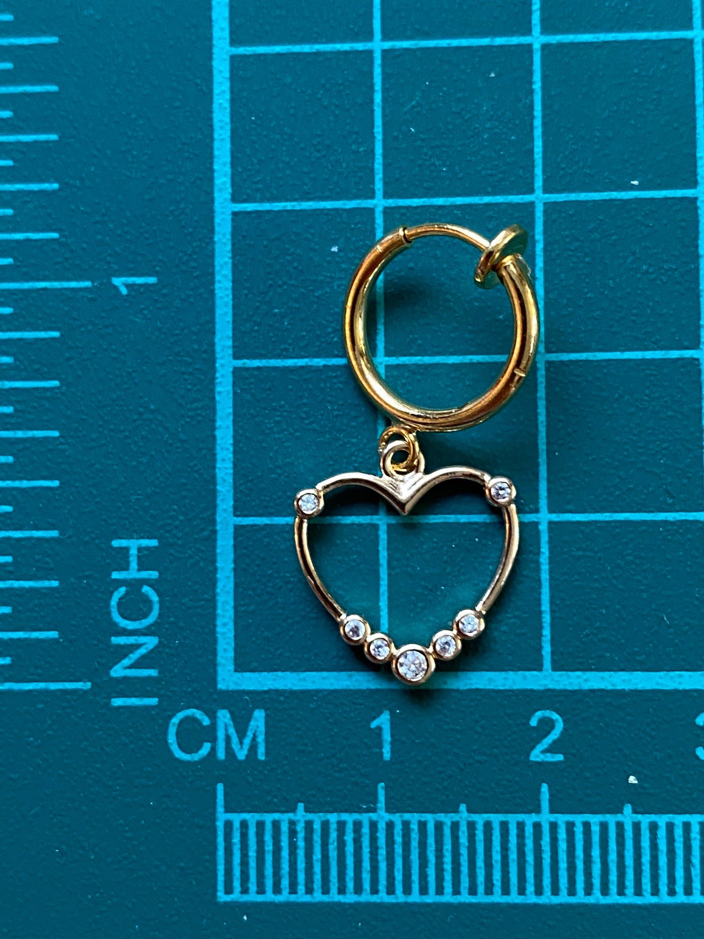 Tiniest Wire heart pendant clip on earrings with rhinestone accents (spring hoop)| tiny rhinestone heart earrings for unpierced ears