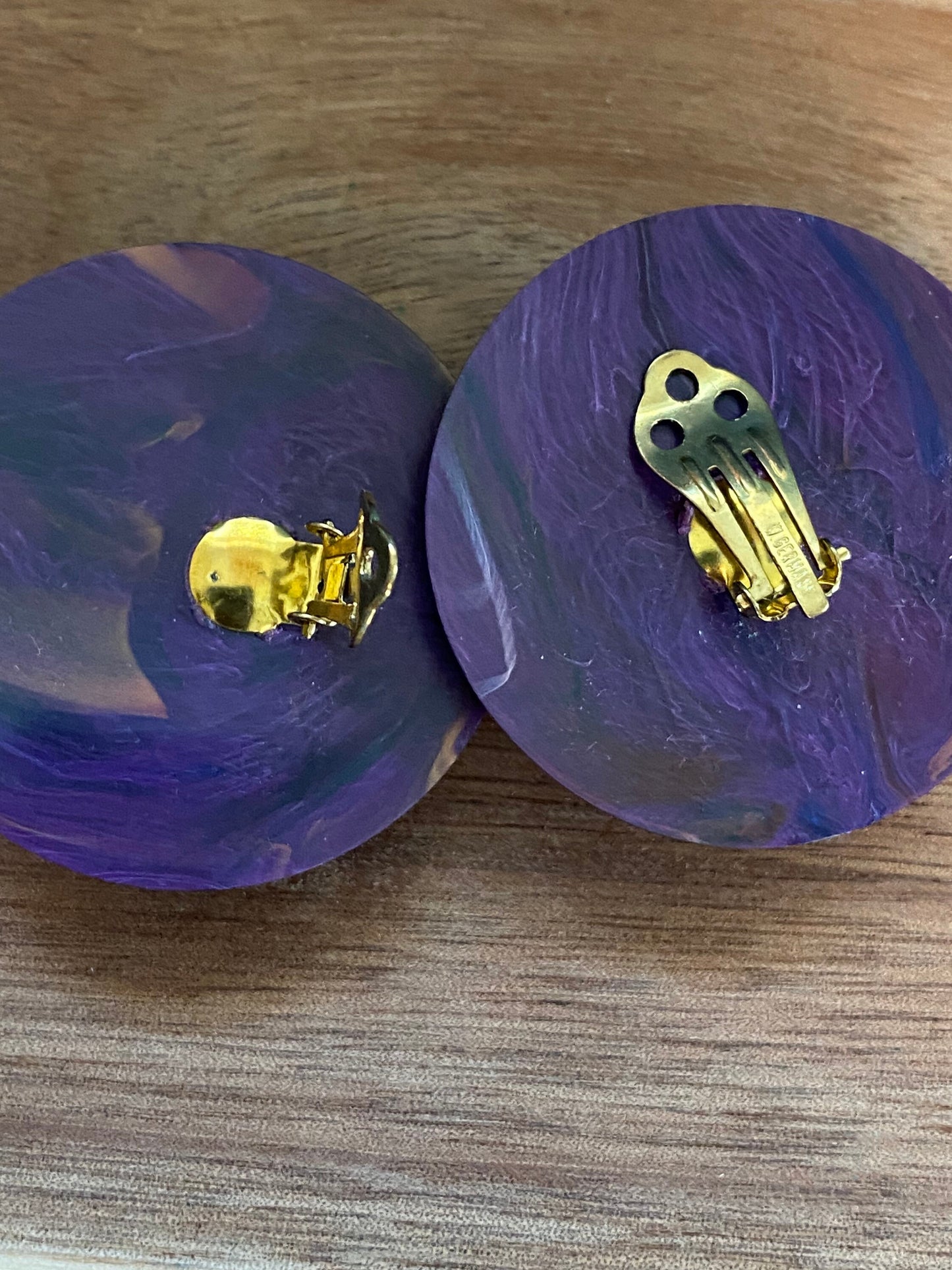 Vintage bronze and purple plastic cabochon large clip on earrings, queen sized vintage clip on