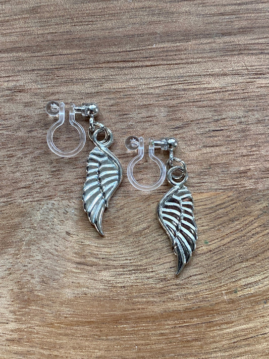 dangling wing clip on earrings, dangling invisible clip on earrings