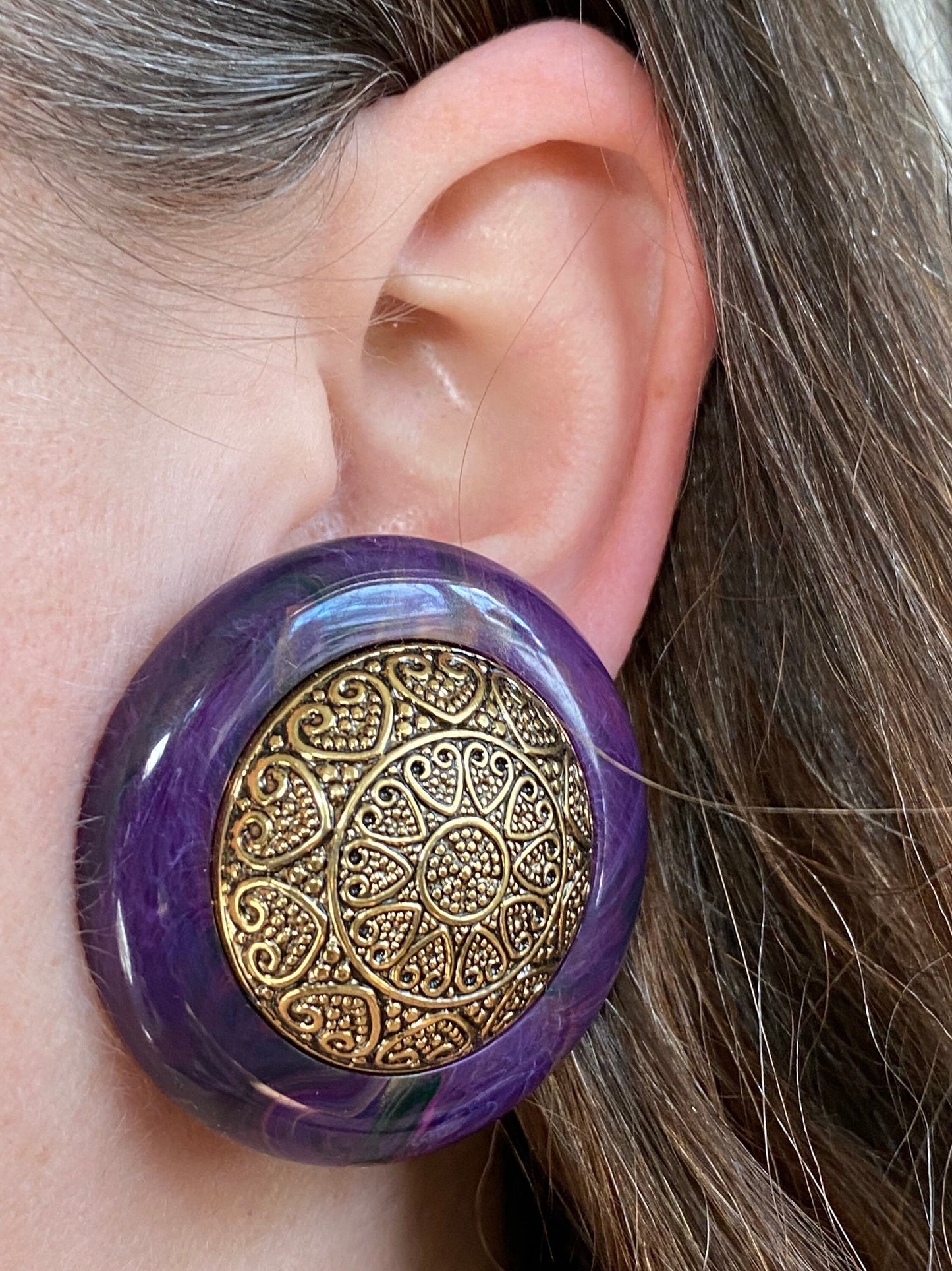 Vintage bronze and purple plastic cabochon large clip on earrings, queen sized vintage clip on