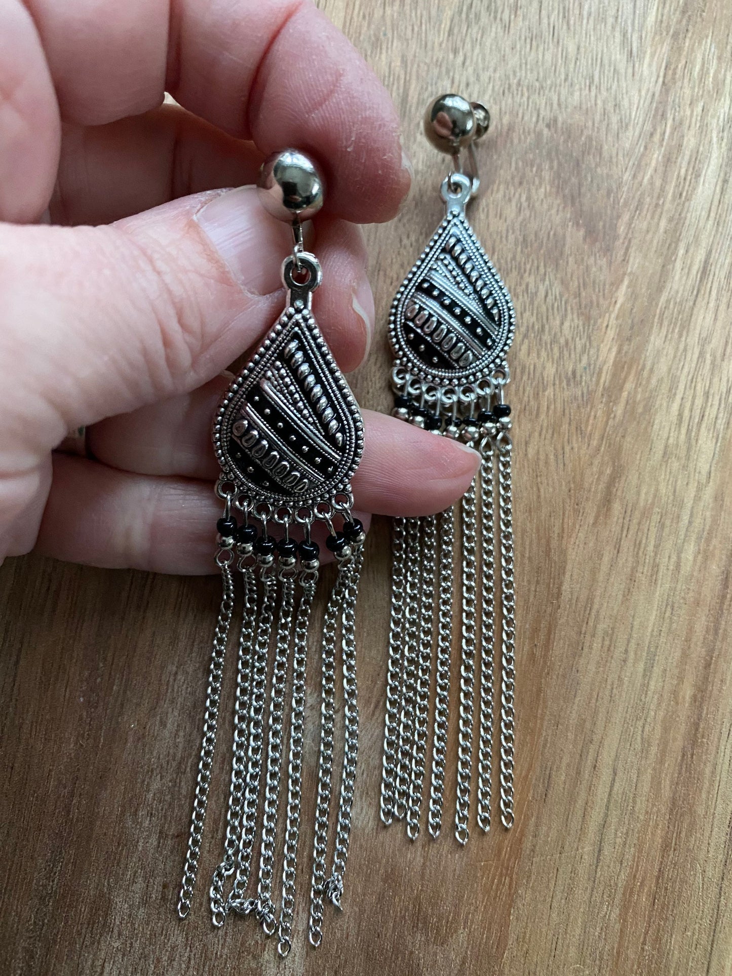 silver coloured teardrop chain tassel clip on earrings, screwback chain tassel earrings