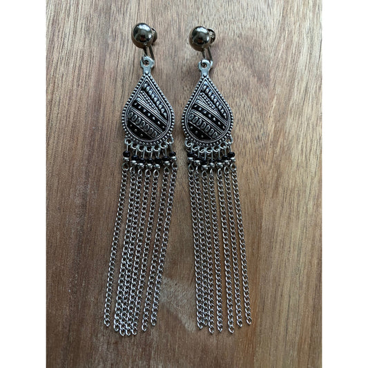 silver coloured teardrop chain tassel clip on earrings, screwback chain tassel earrings