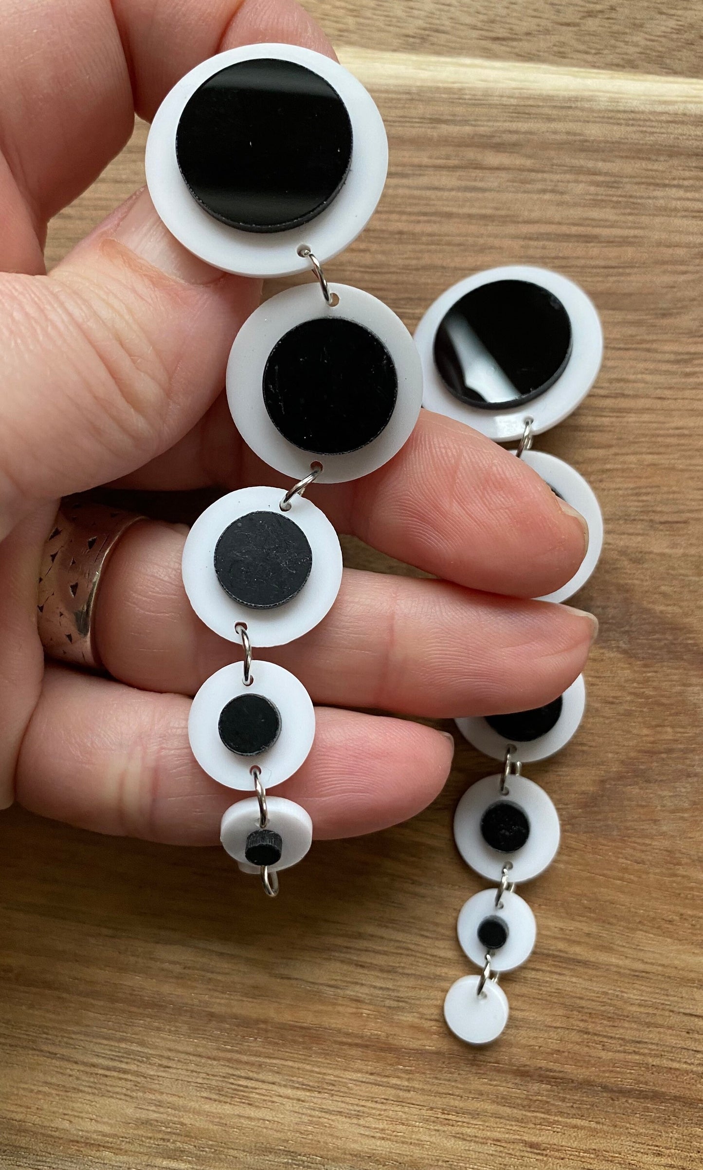 Oversized clip on earrings, dangling black and white dot clip on earrings