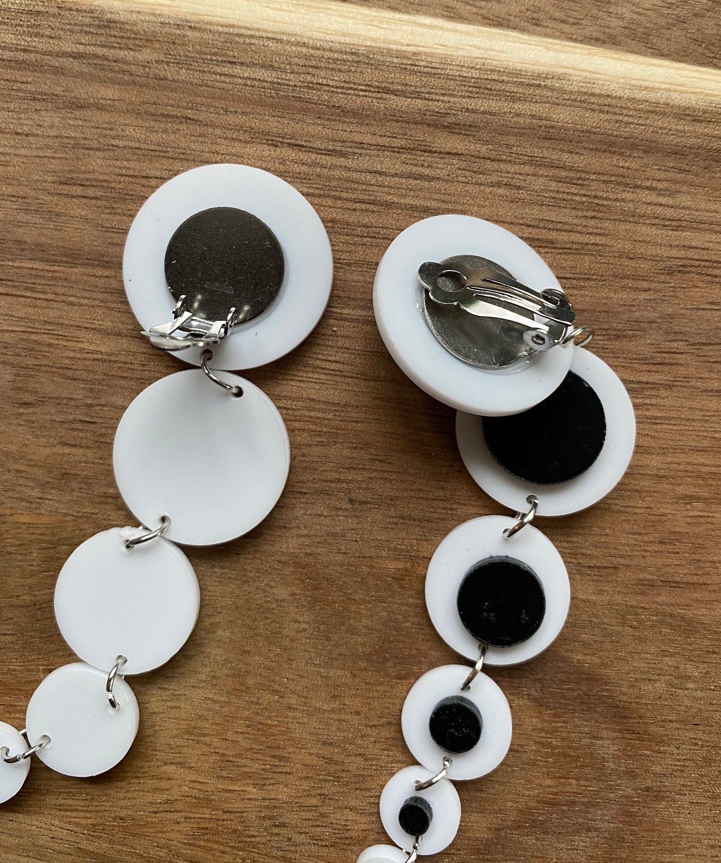 Oversized clip on earrings, dangling black and white dot clip on earrings