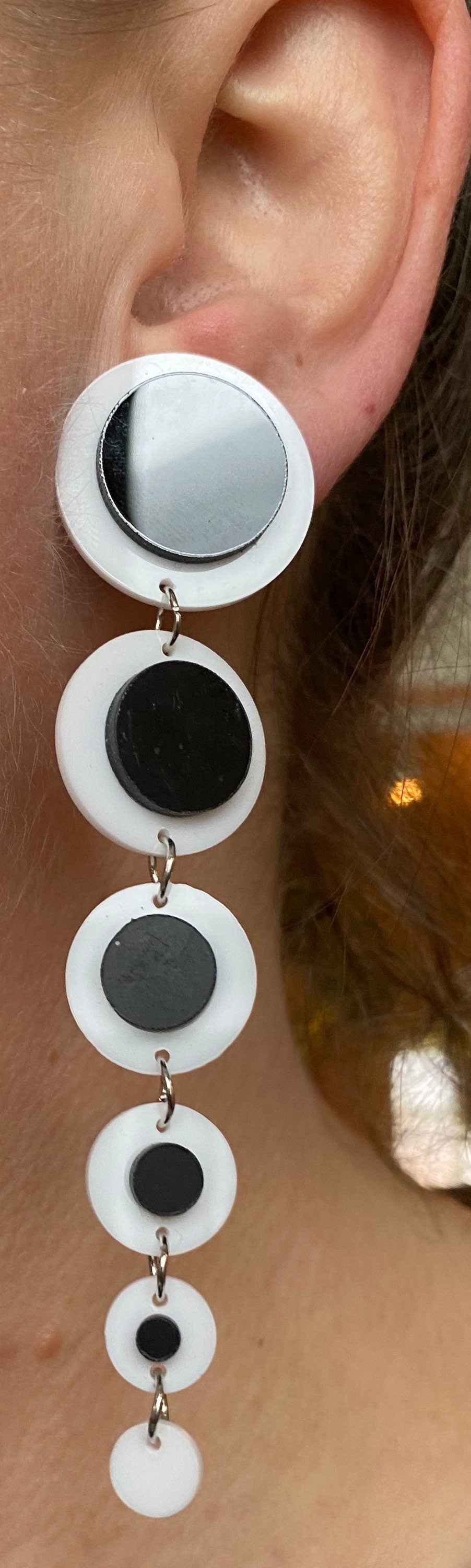 Oversized clip on earrings, dangling black and white dot clip on earrings