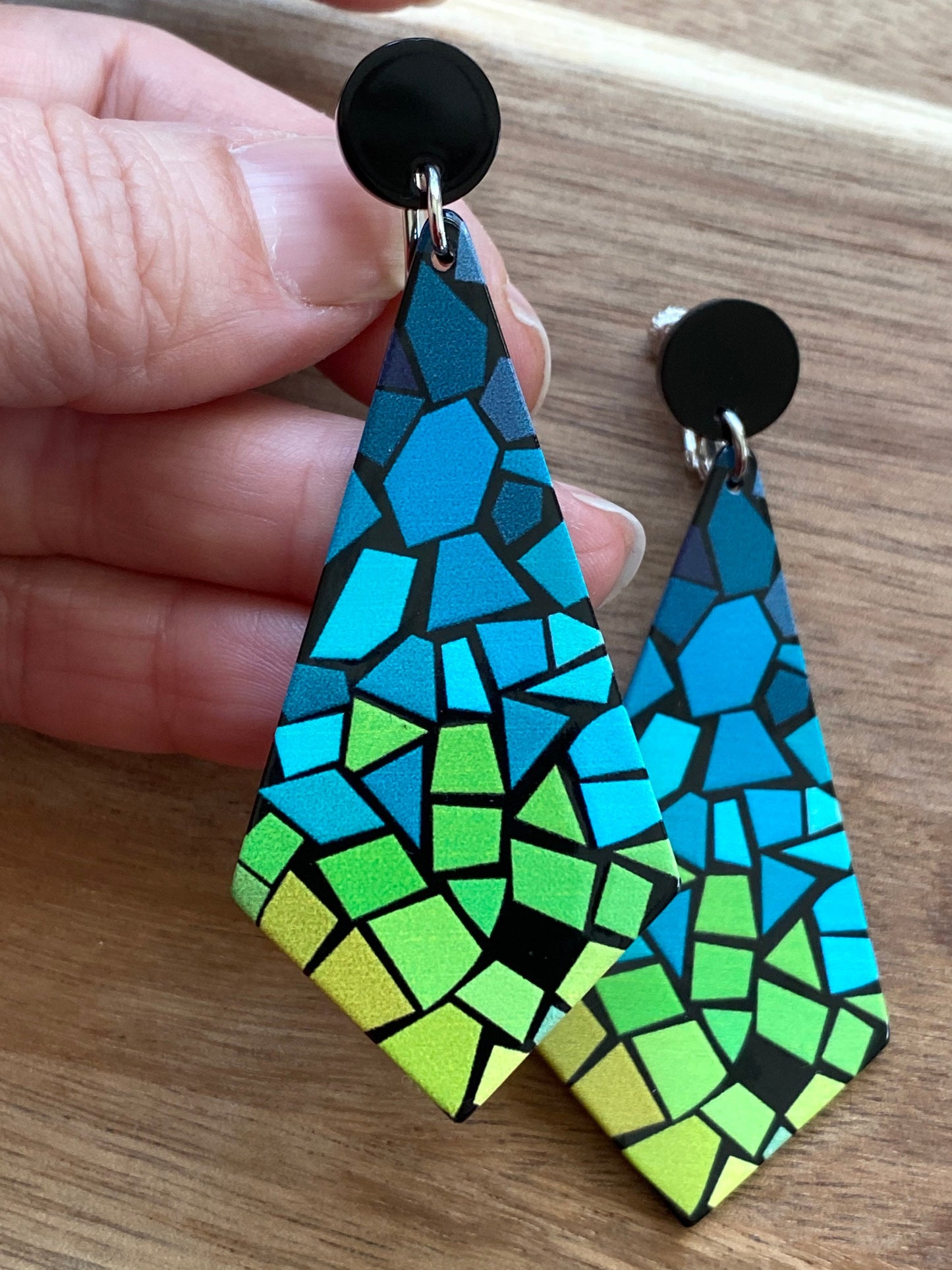 Dangling blue and green abstract patterned diamond shaped clip on earrings, diamond-shaped dangling screwback earrings