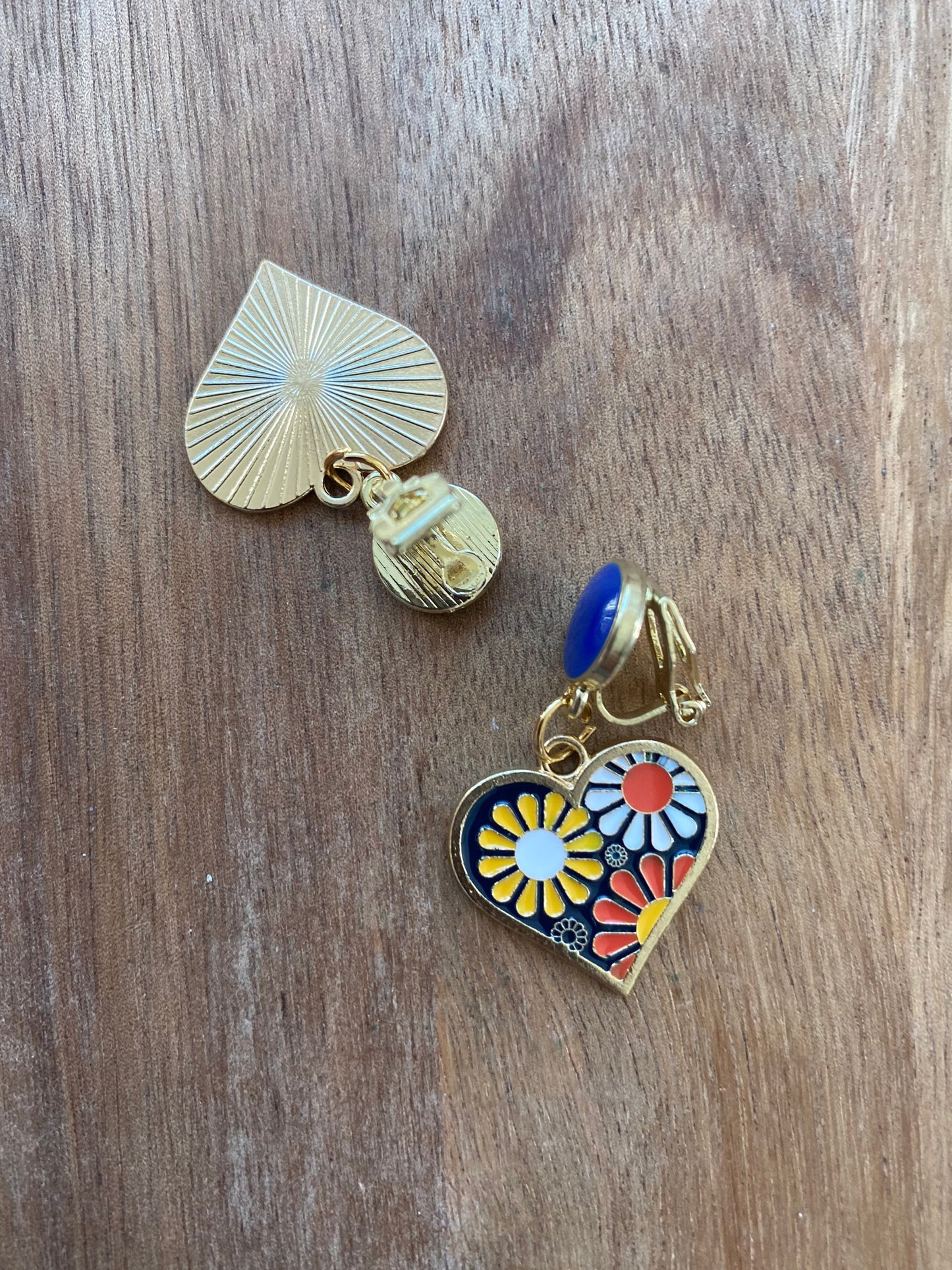 Dangling clip on floral heart earrings, blue and yellow and orange clip on heart earrings