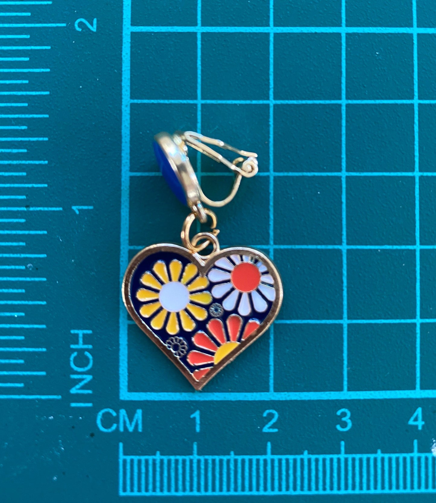 Dangling clip on floral heart earrings, blue and yellow and orange clip on heart earrings