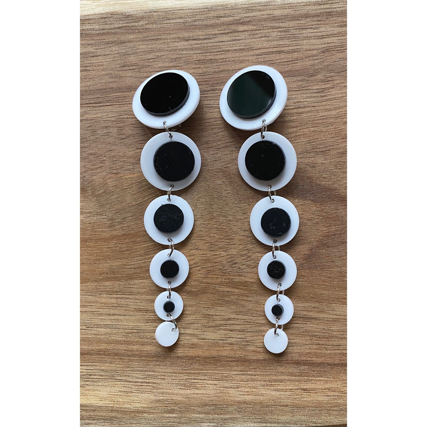 Oversized clip on earrings, dangling black and white dot clip on earrings