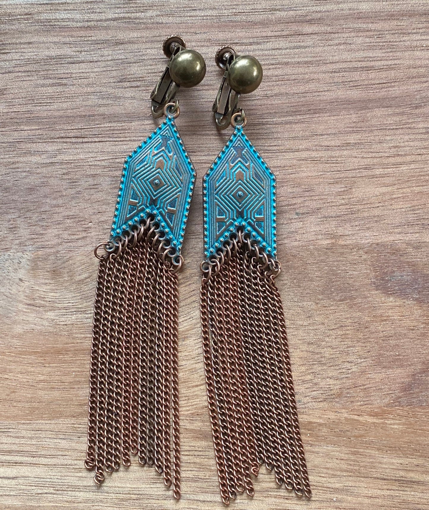 Bronze and copper dangling chain tassel clip on earrings, screwback or clip on chain tassels with patina pendant