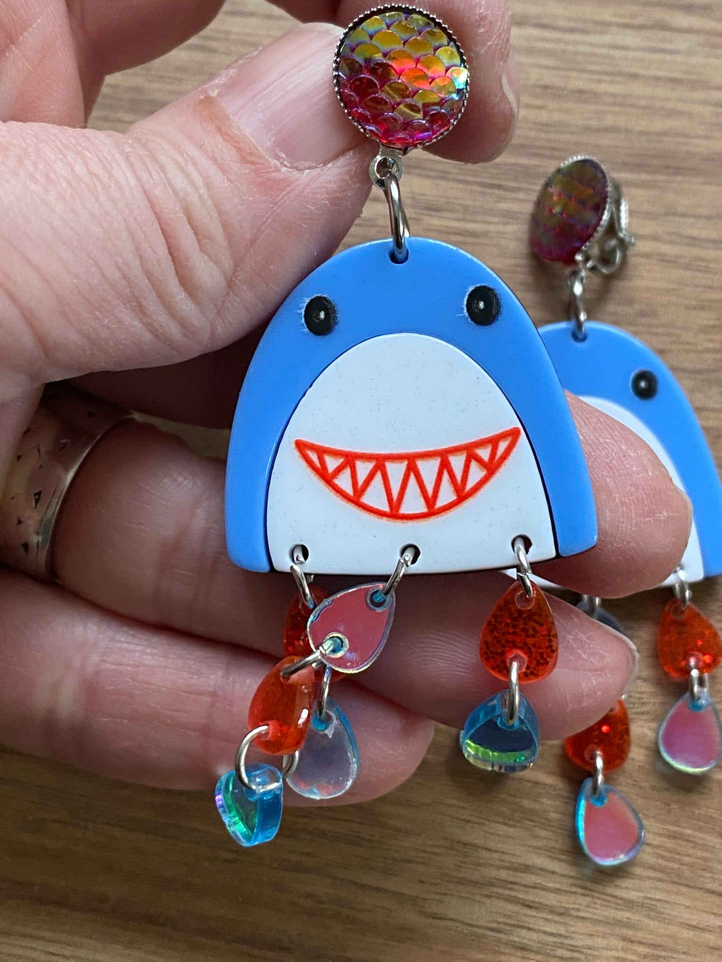 Large Dangling shark clip on earrings | giant plastic shark earrings