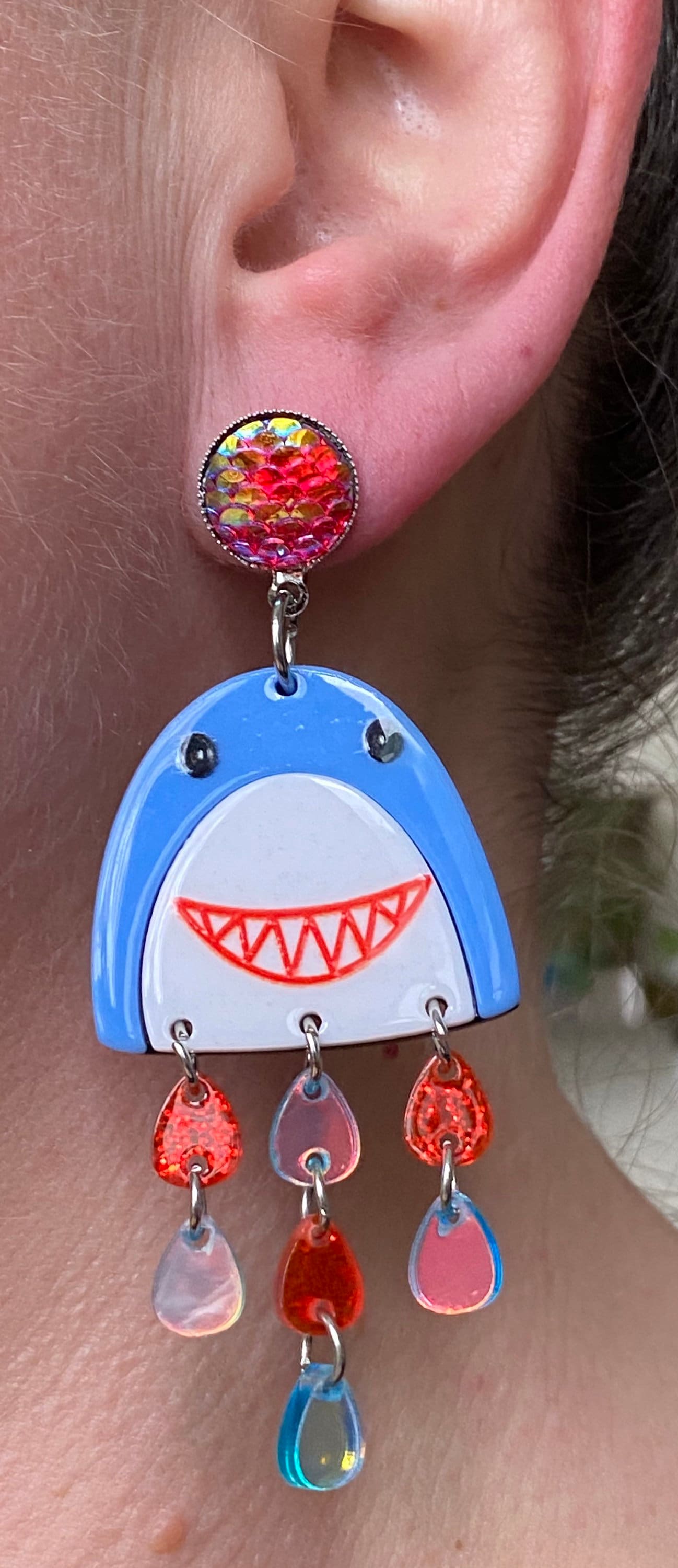 Large Dangling shark clip on earrings | giant plastic shark earrings