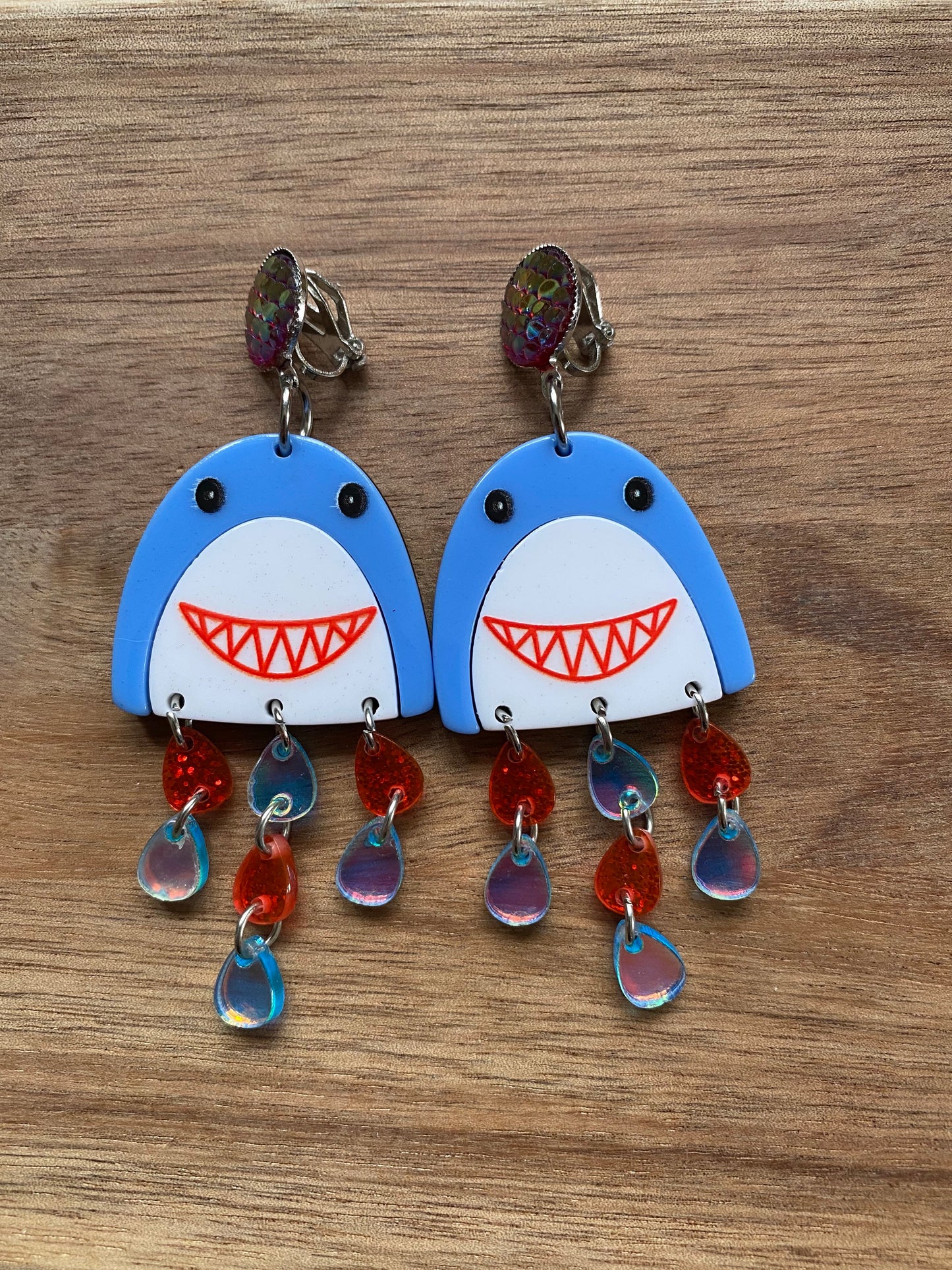 Large Dangling shark clip on earrings | giant plastic shark earrings