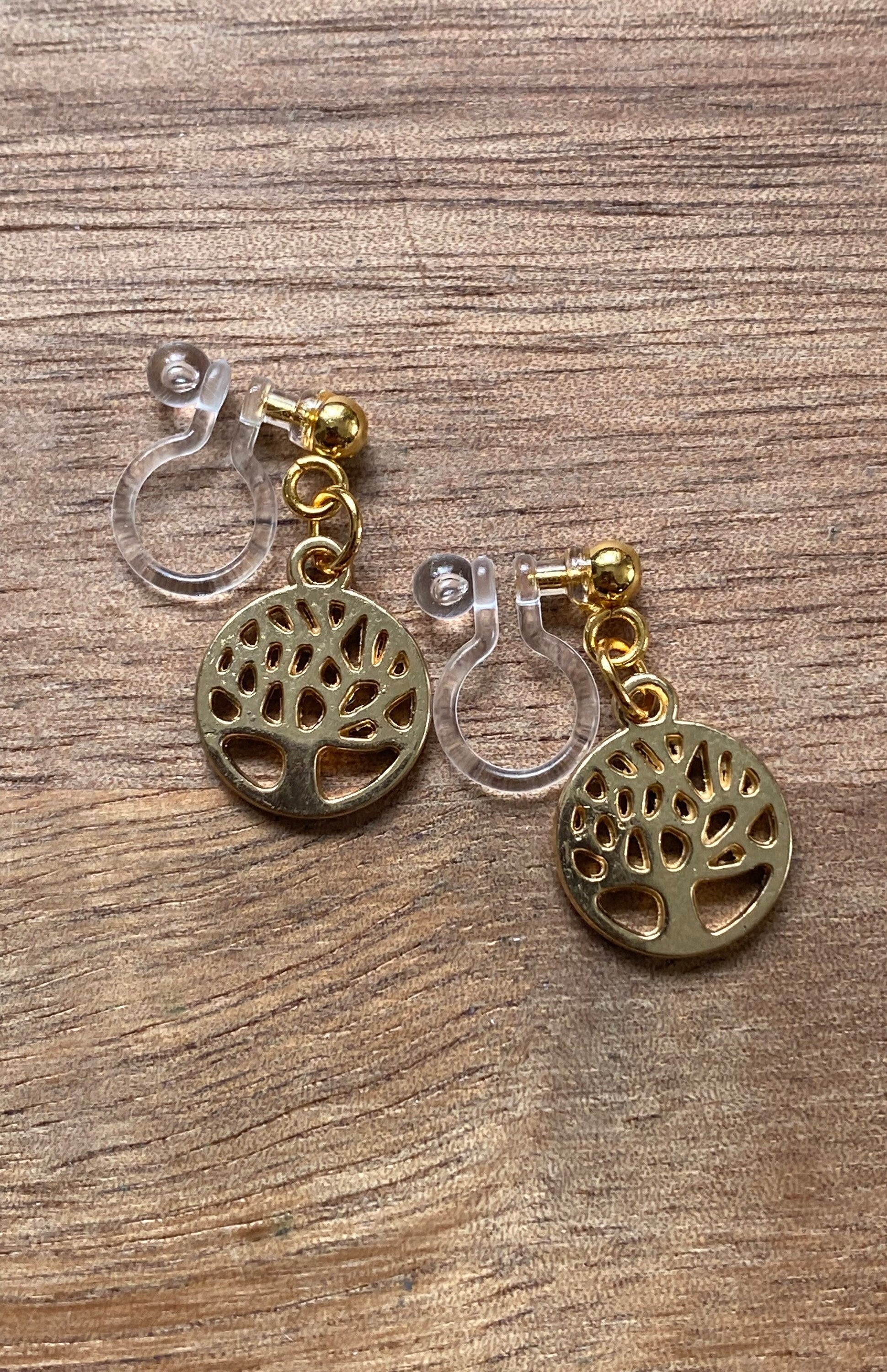 dangling tiny tree of life earrings, invisible clip on earrings