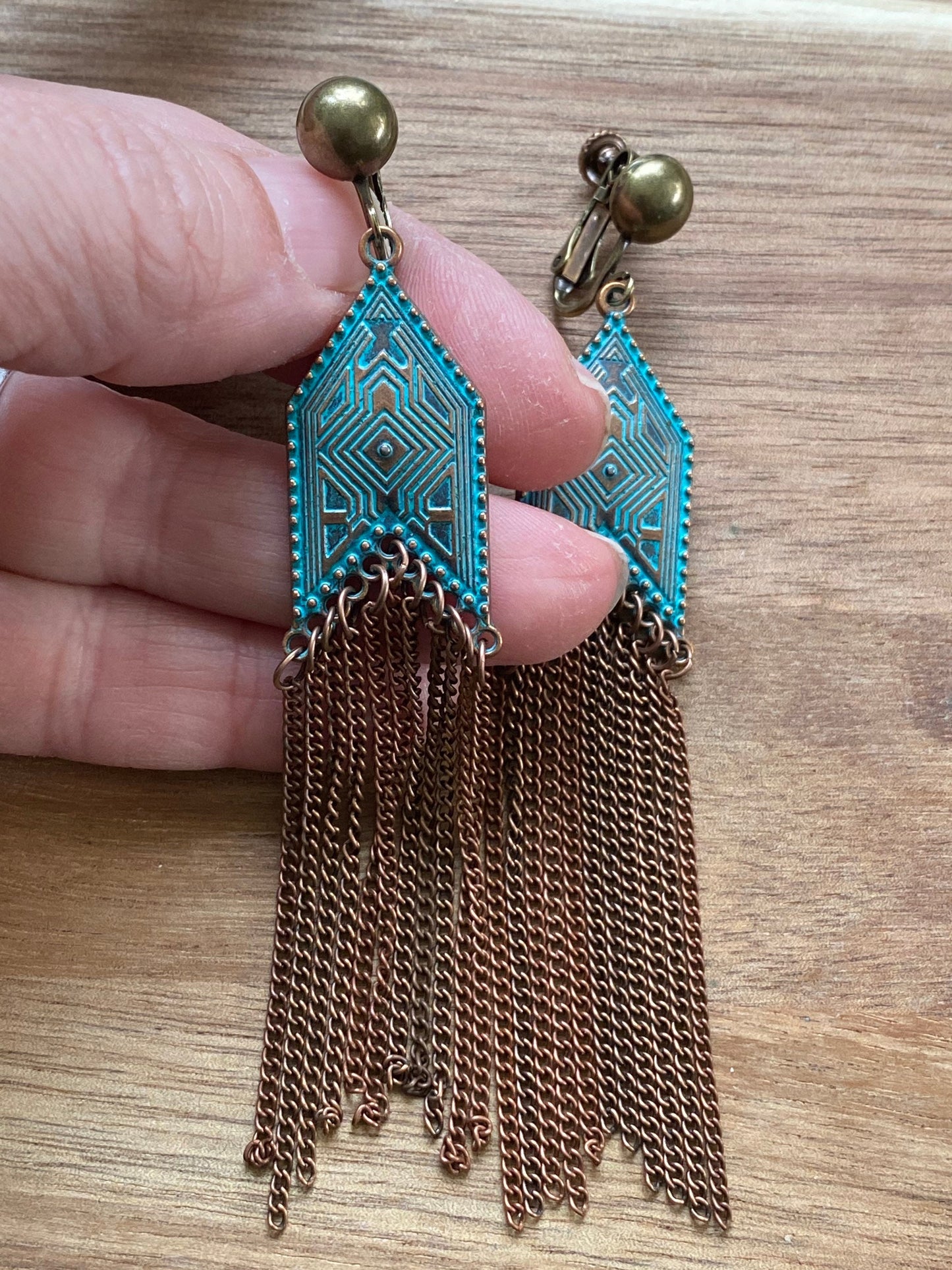 Bronze and copper dangling chain tassel clip on earrings, screwback or clip on chain tassels with patina pendant