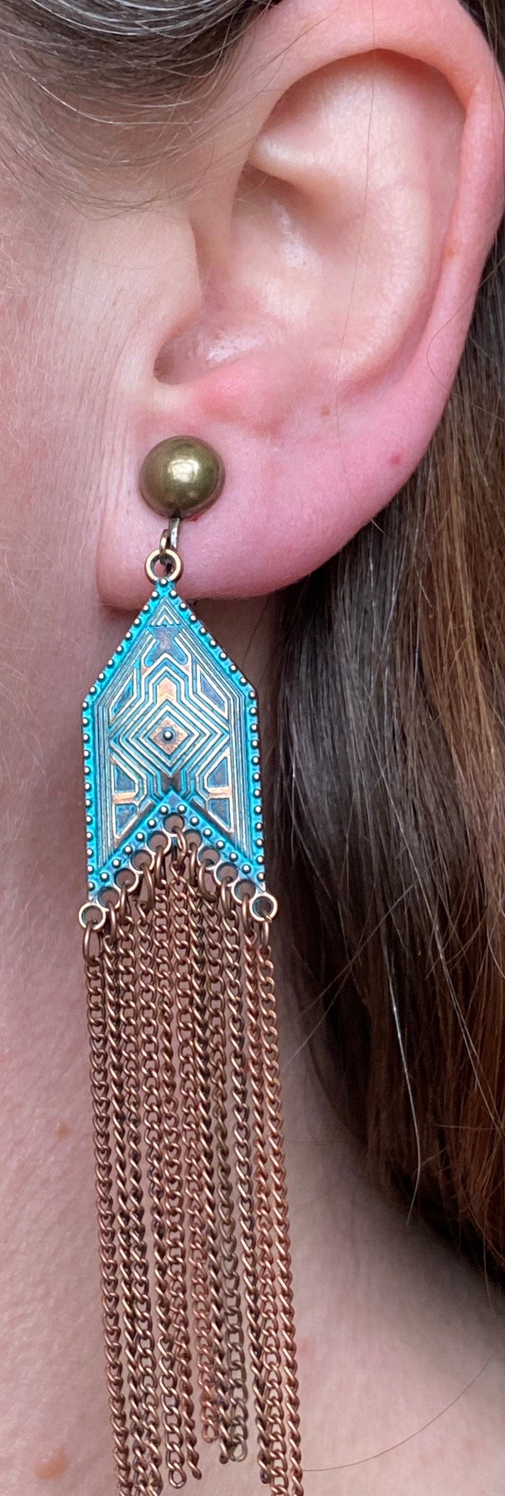 Bronze and copper dangling chain tassel clip on earrings, screwback or clip on chain tassels with patina pendant