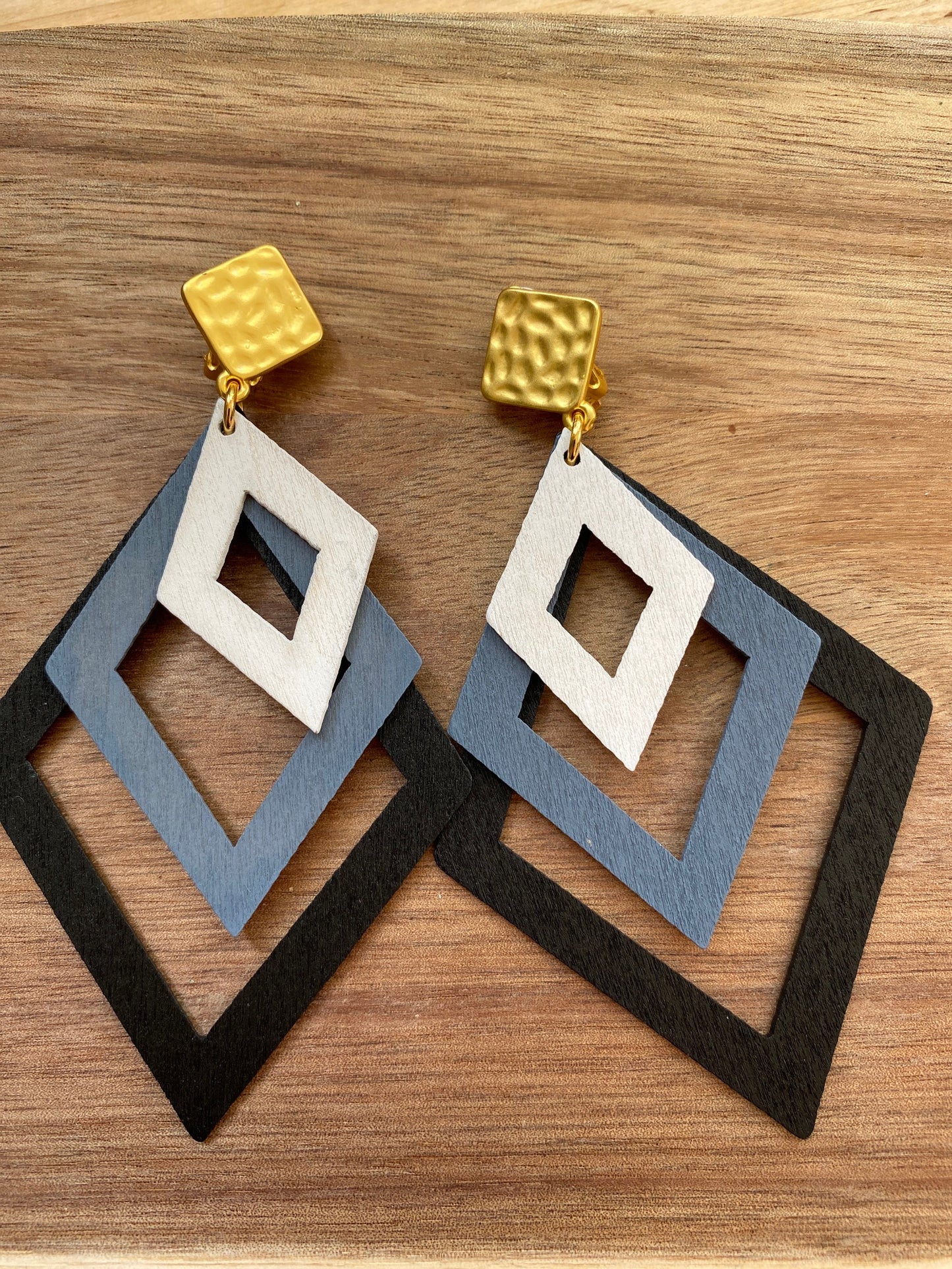 Giant dangling wooden geometric clip on earrings