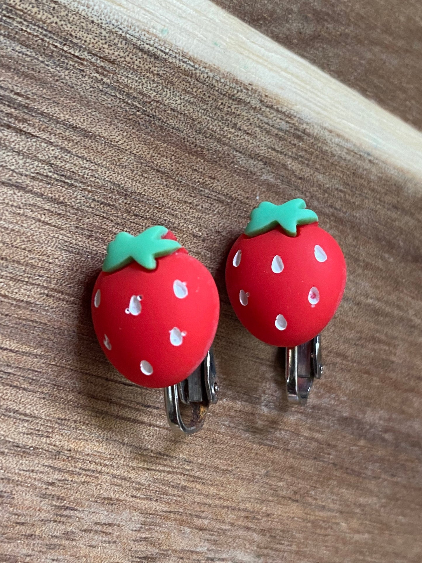 Tiny strawberry clip on earrings