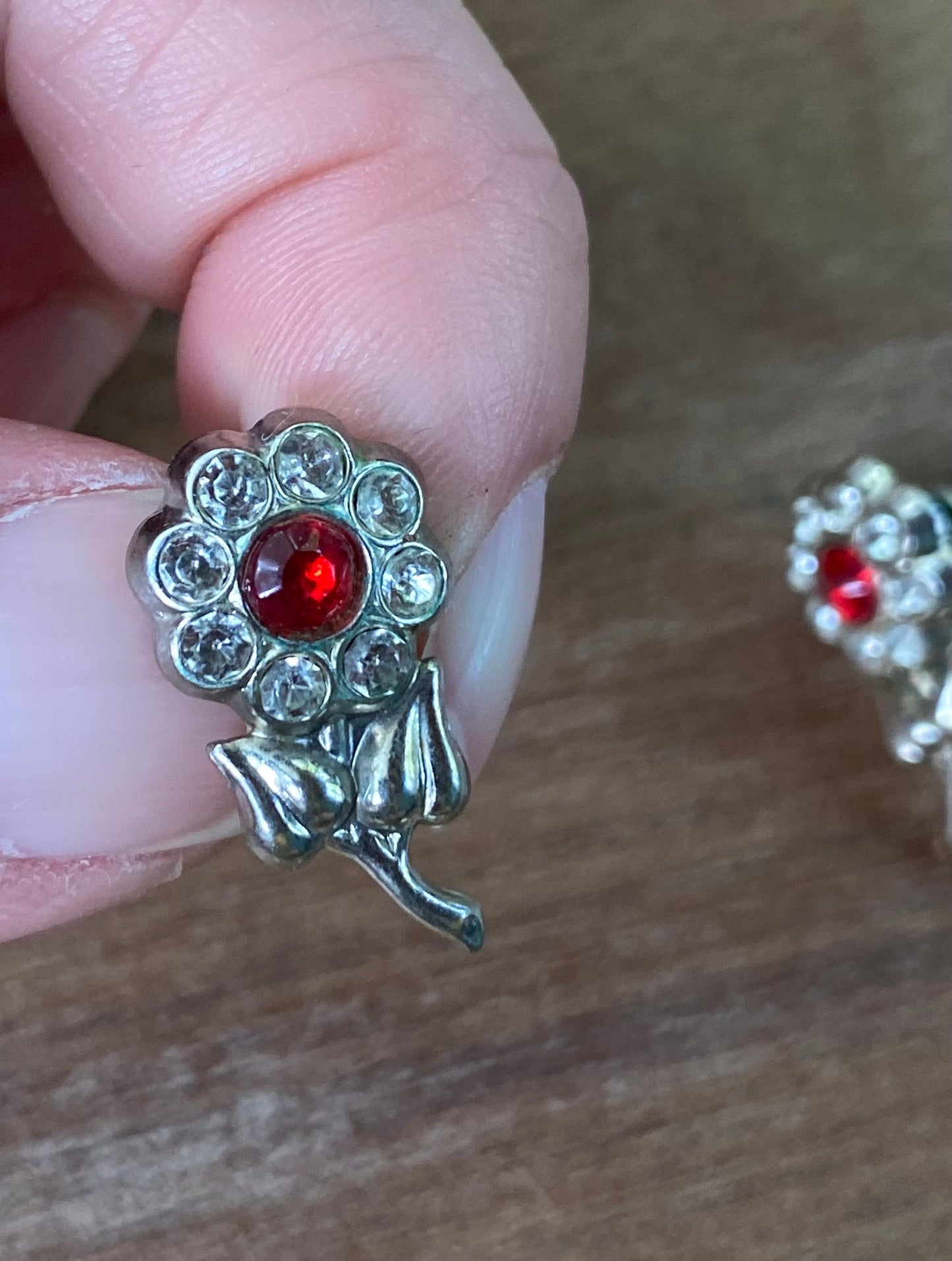 Vintage red rhinestone flower clip on earrings