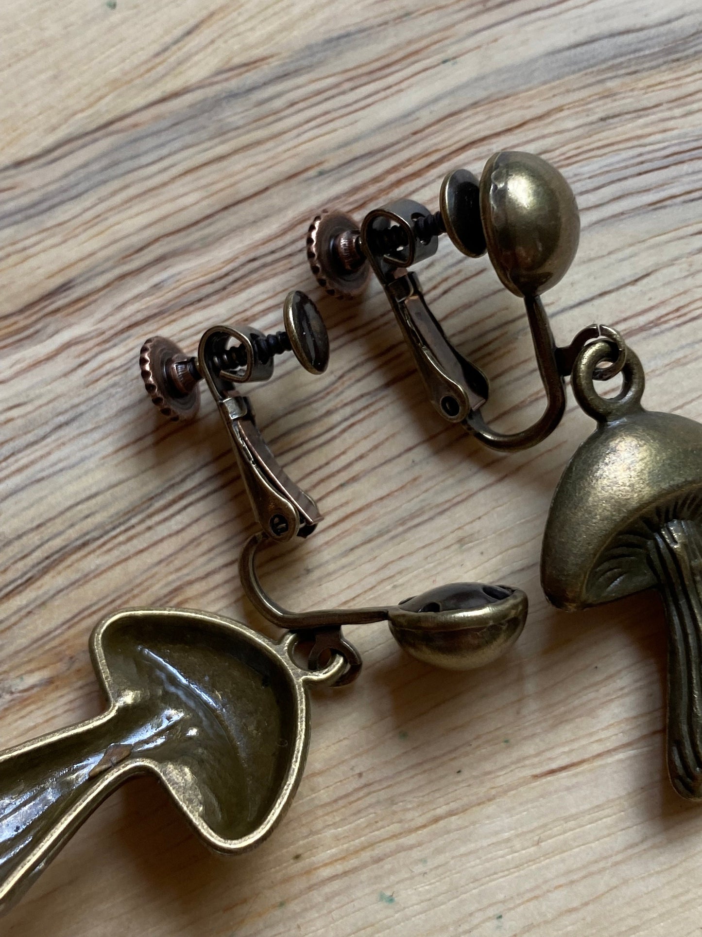 Dangle bronze mushroom clip on earrings, Bronze   mushroom  earrings on hinged screwback closures (no piercing)