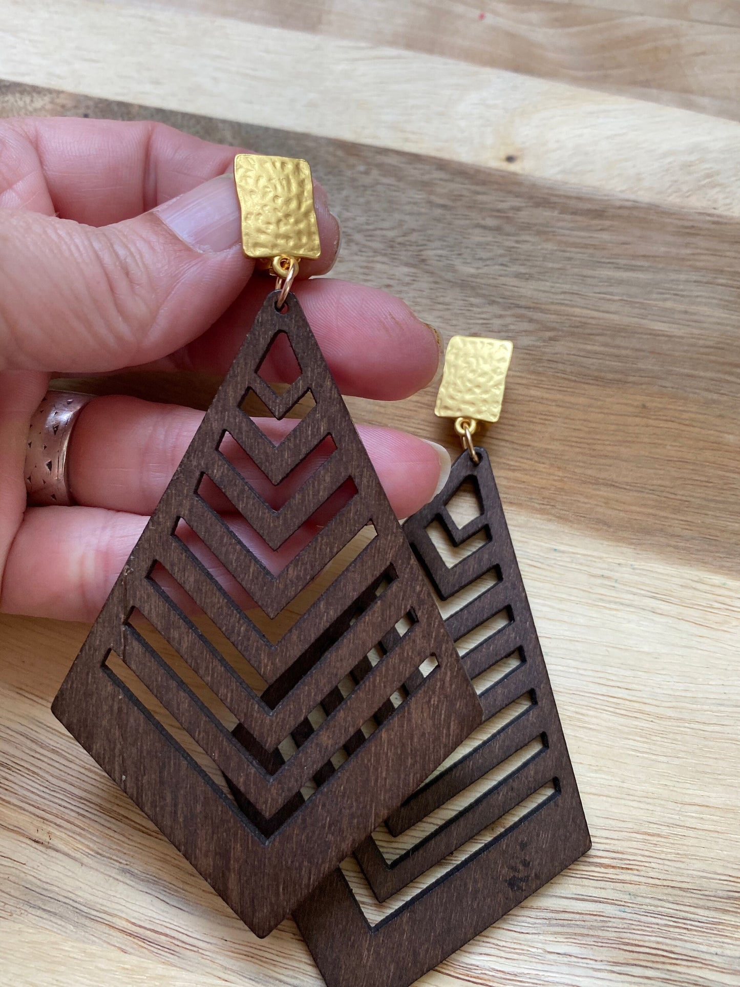 Giant dangling clip on earrings, brown wooden laser cut chevron geometric clip on earrings