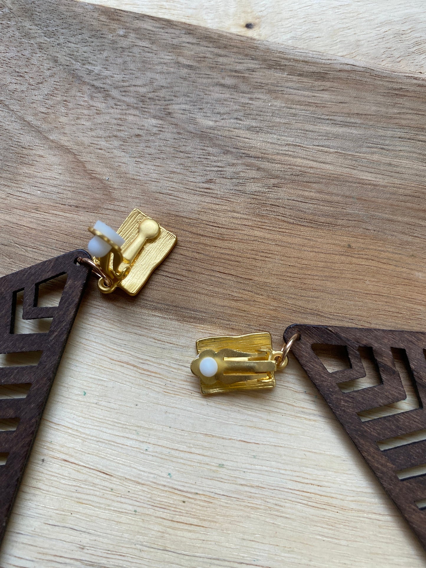 Giant dangling clip on earrings, brown wooden laser cut chevron geometric clip on earrings