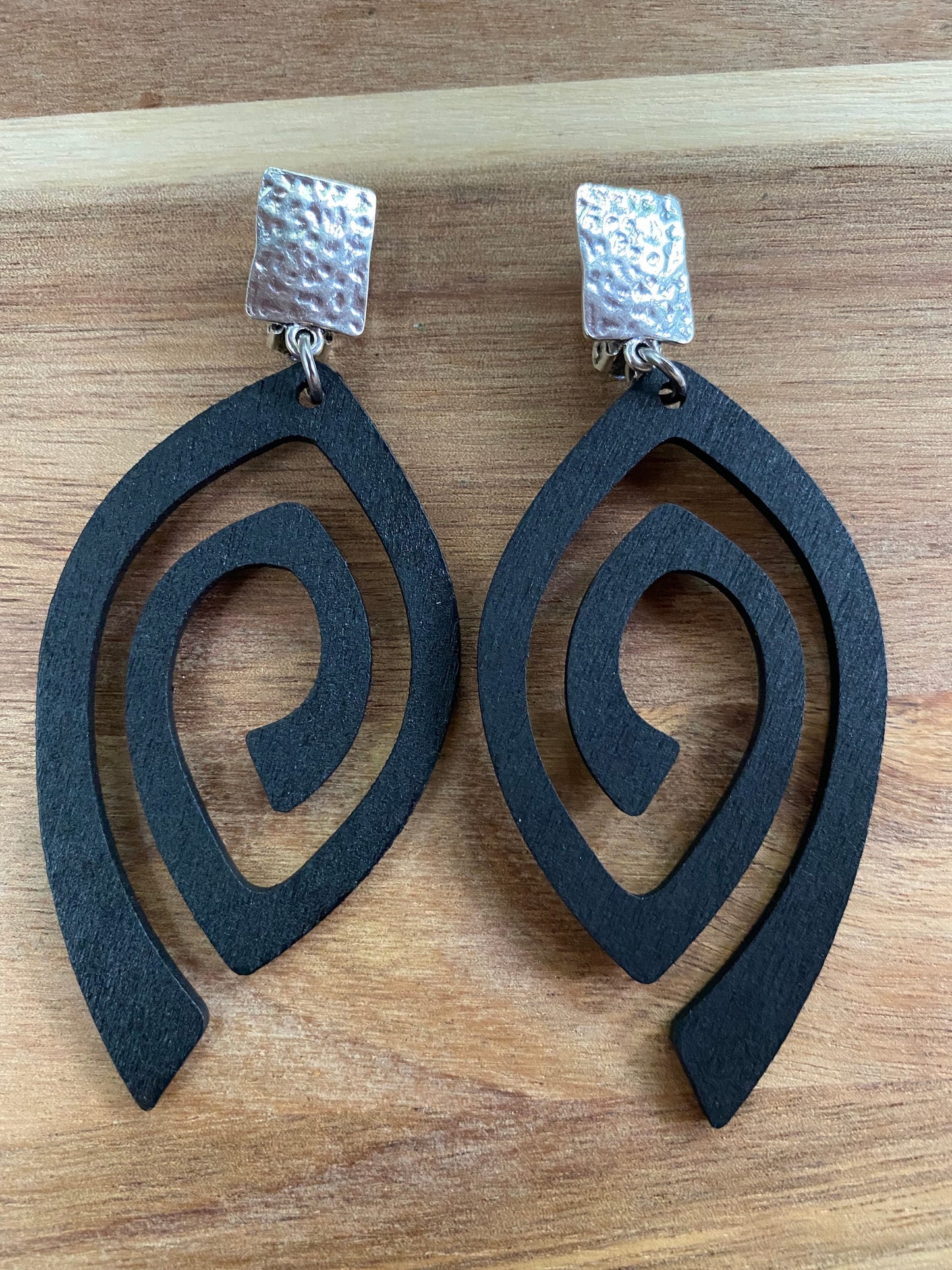 Giant dangle clip on  earrings, black or unpainted wooden laser cut geometric clip on earrings